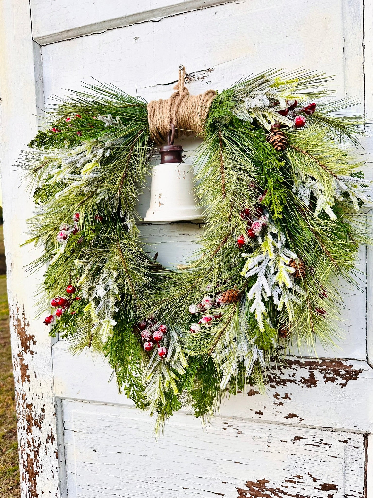 Rustic Winter Pine Wreath with White Liberty Bell | Farmhouse Christmas Decor TCT Crafts