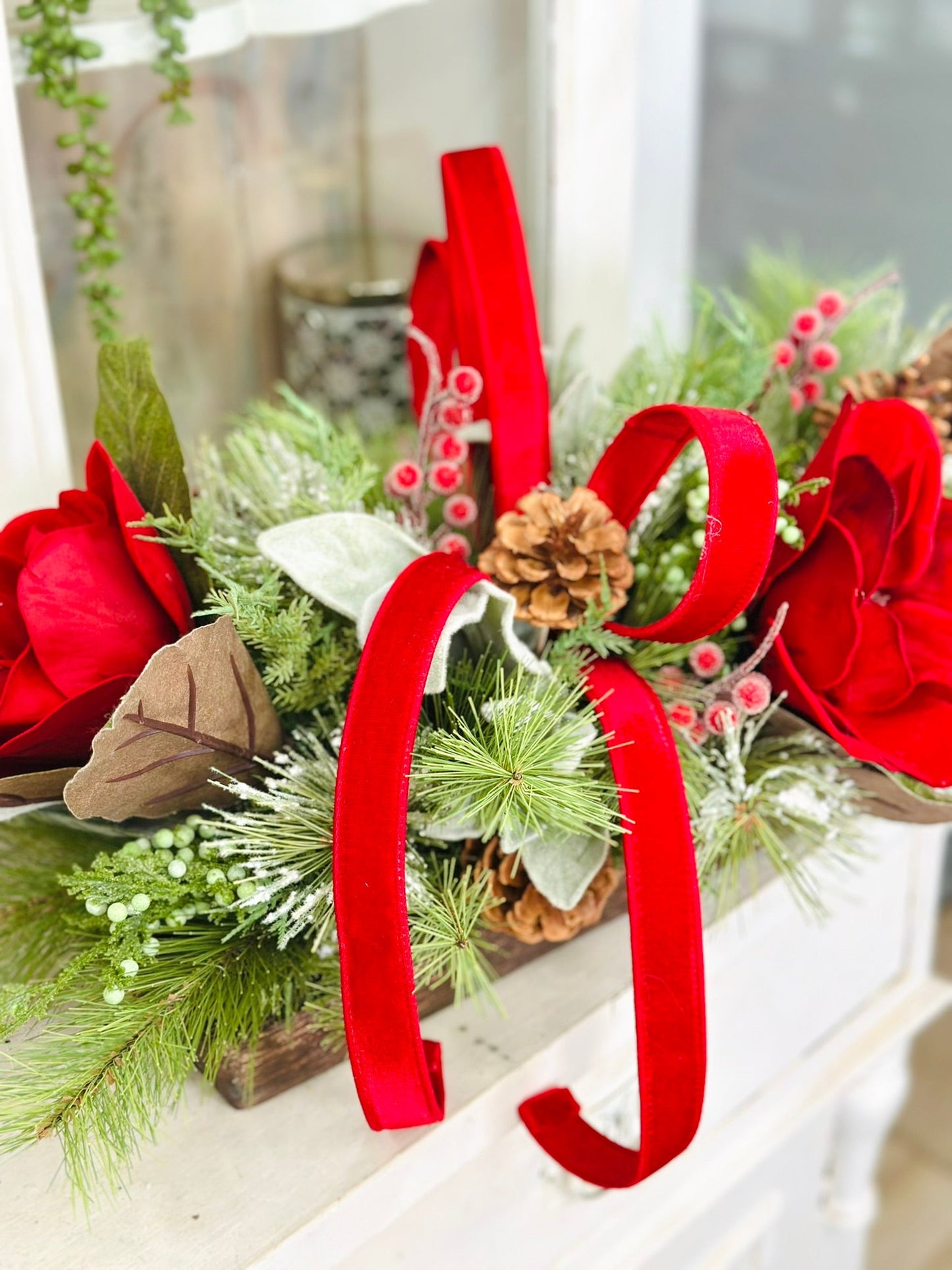 Red Velvet Magnolia Christmas Centerpiece | Wooden Tray Holiday Arrangement TCT Crafts