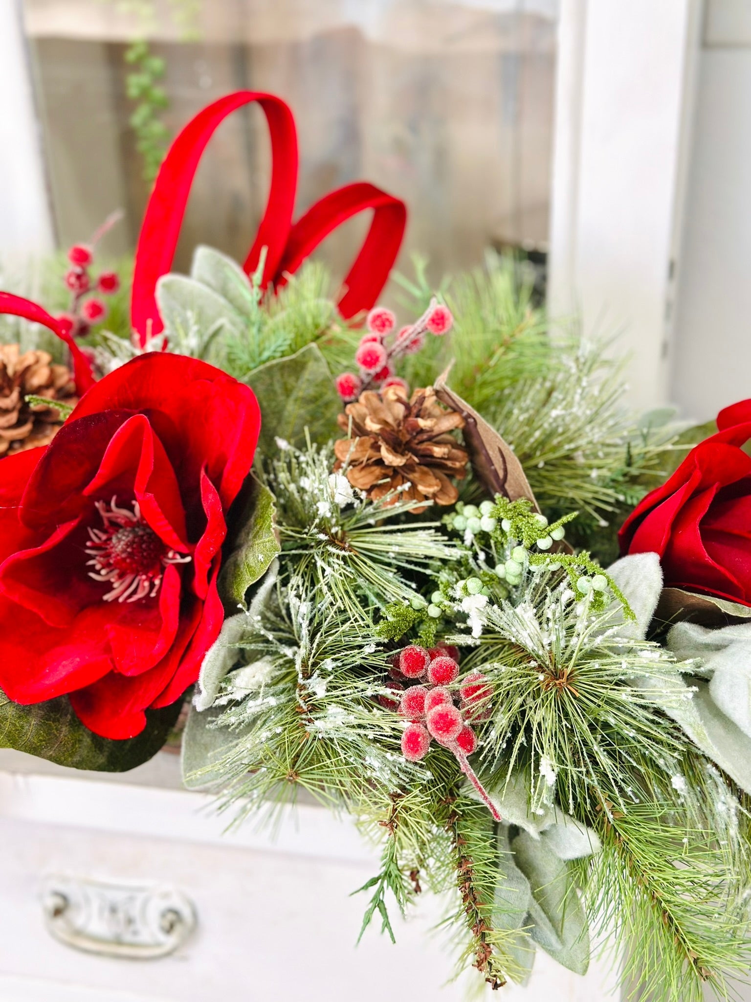 Red Velvet Magnolia Christmas Centerpiece | Wooden Tray Holiday Arrangement TCT Crafts