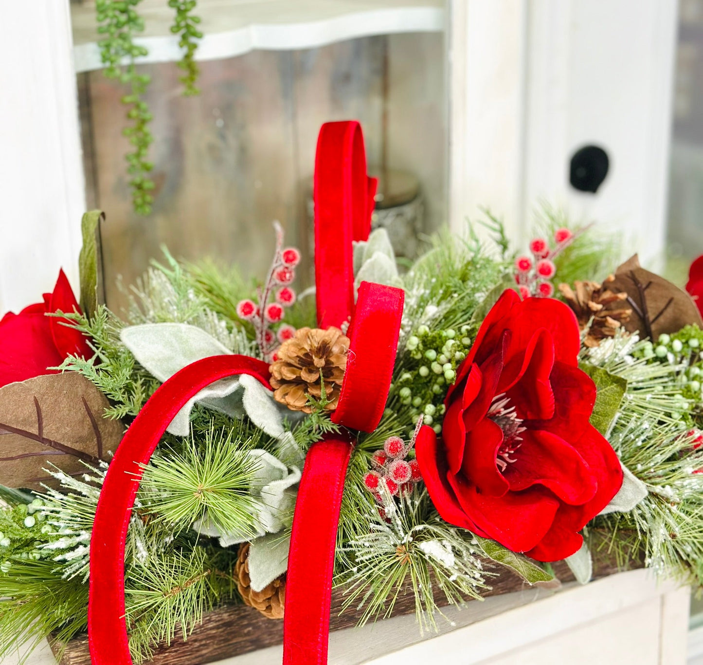 Red Velvet Magnolia Christmas Centerpiece | Wooden Tray Holiday Arrangement TCT Crafts