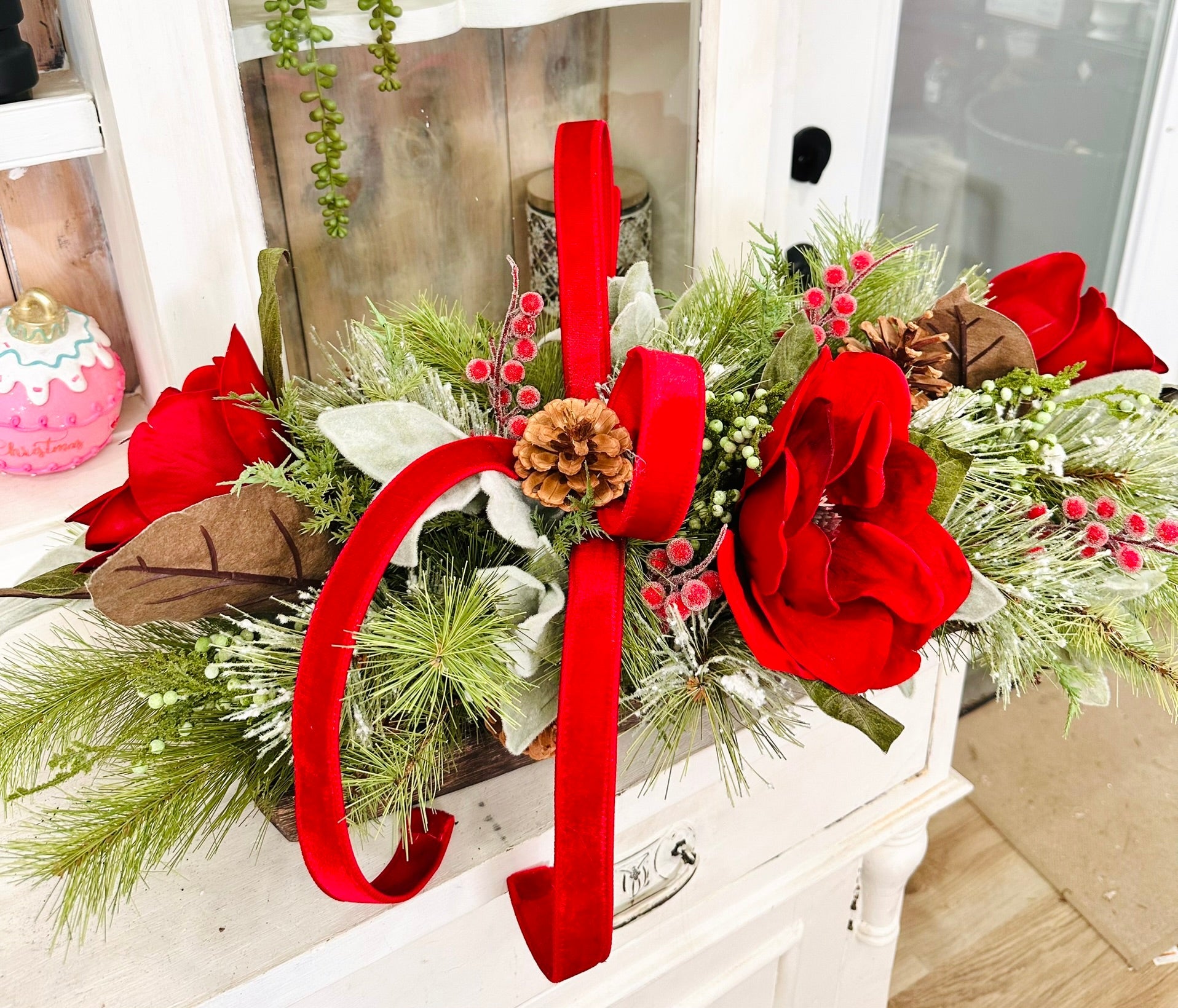 Red Velvet Magnolia Christmas Centerpiece | Wooden Tray Holiday Arrangement TCT Crafts