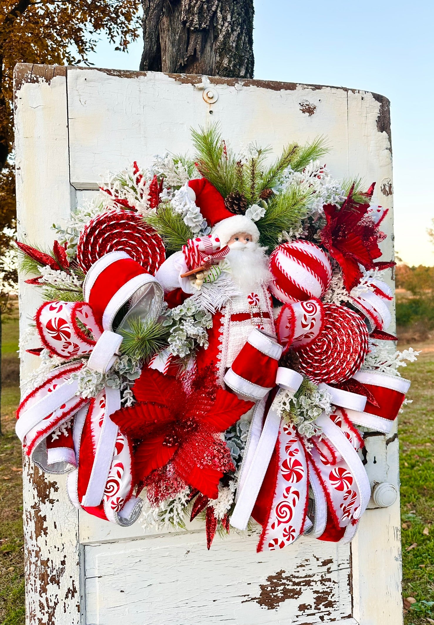 Santa Sweets Christmas Wreath | Red & White Candy Cane Santa Holiday Door Decor TCT Crafts