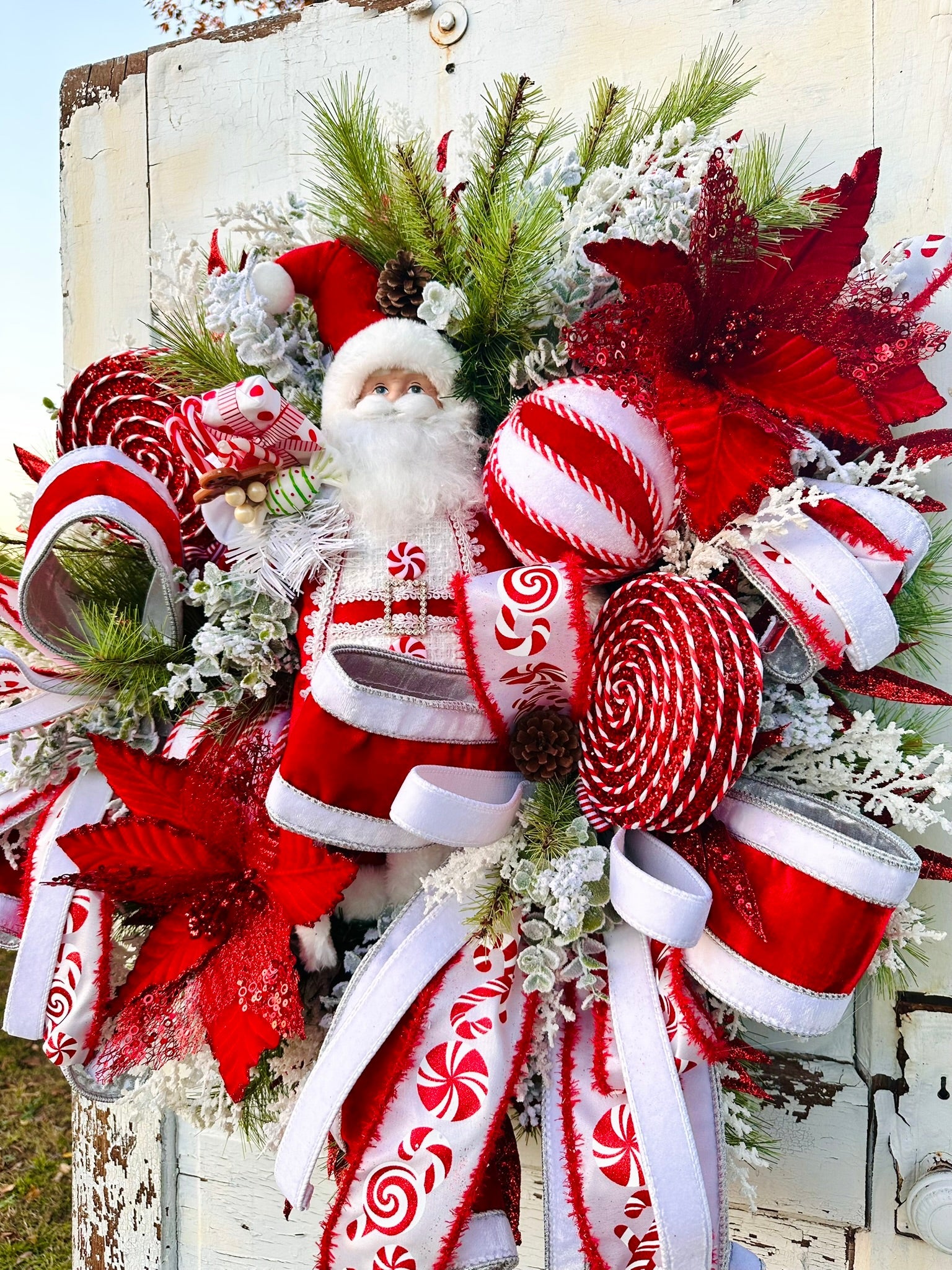 Santa Sweets Christmas Wreath | Red & White Candy Cane Santa Holiday Door Decor TCT Crafts