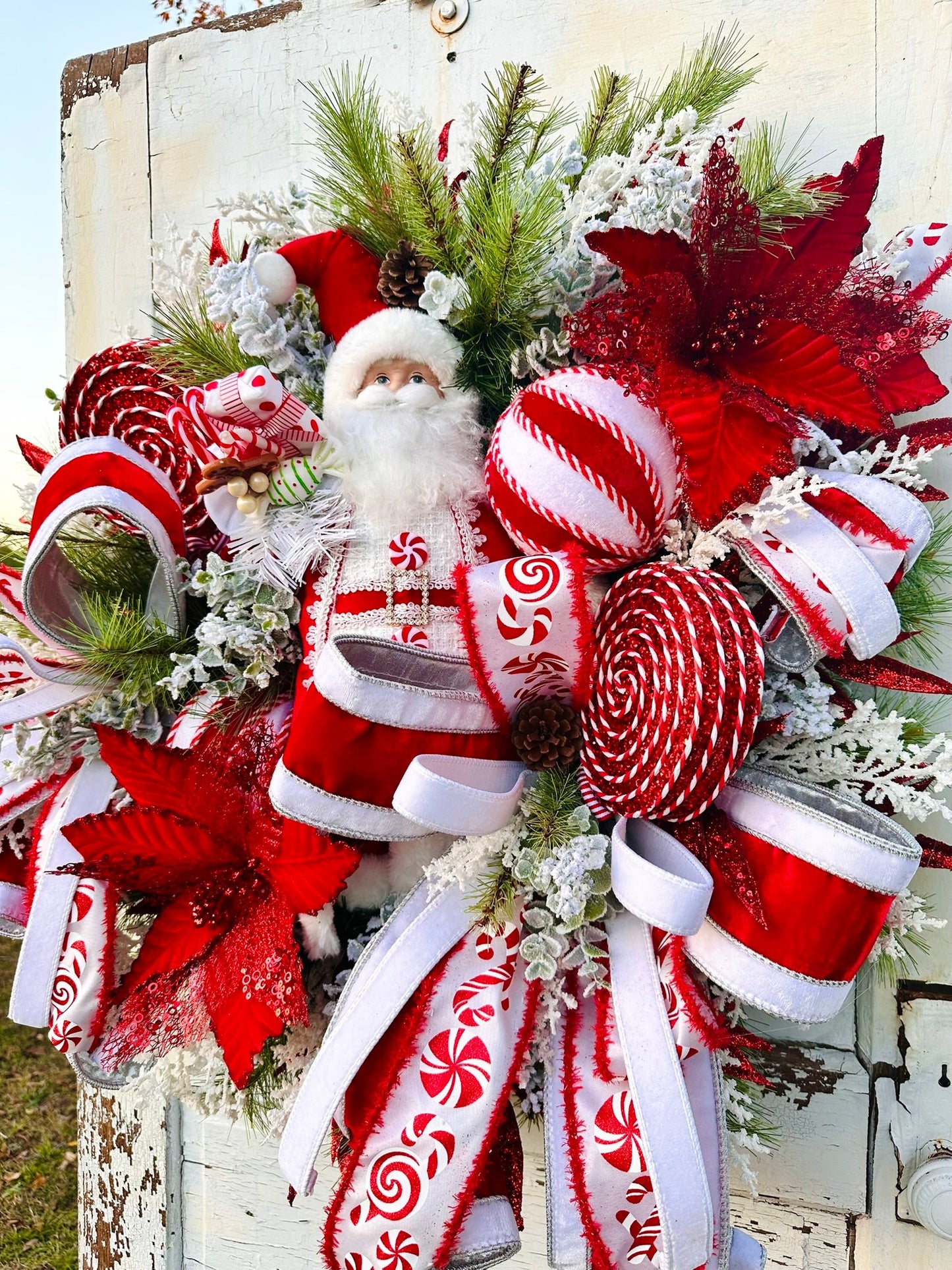 Santa Sweets Christmas Wreath | Red & White Candy Cane Santa Holiday Door Decor TCT Crafts