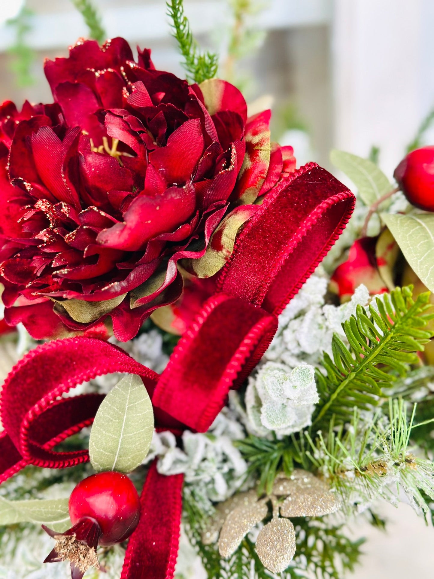 Burgundy Peony Christmas Arrangement | Velvet Ribbon Holiday Floral Centerpiece TCT Crafts