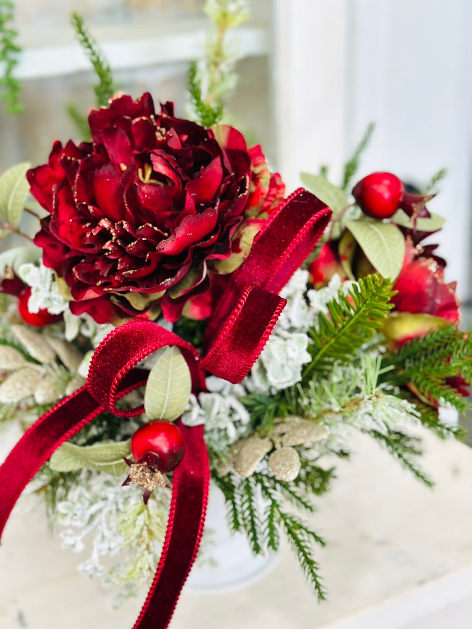Burgundy Peony Christmas Arrangement | Velvet Ribbon Holiday Floral Centerpiece TCT Crafts