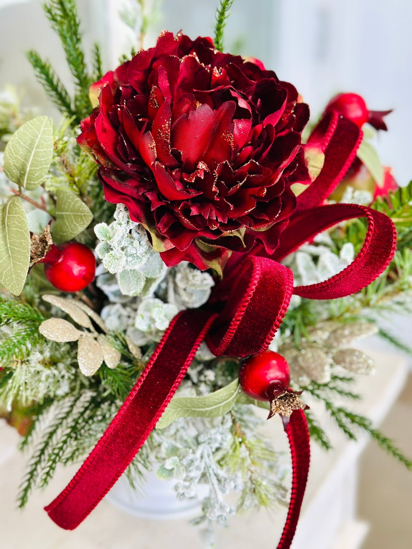 Burgundy Peony Christmas Arrangement | Velvet Ribbon Holiday Floral Centerpiece TCT Crafts