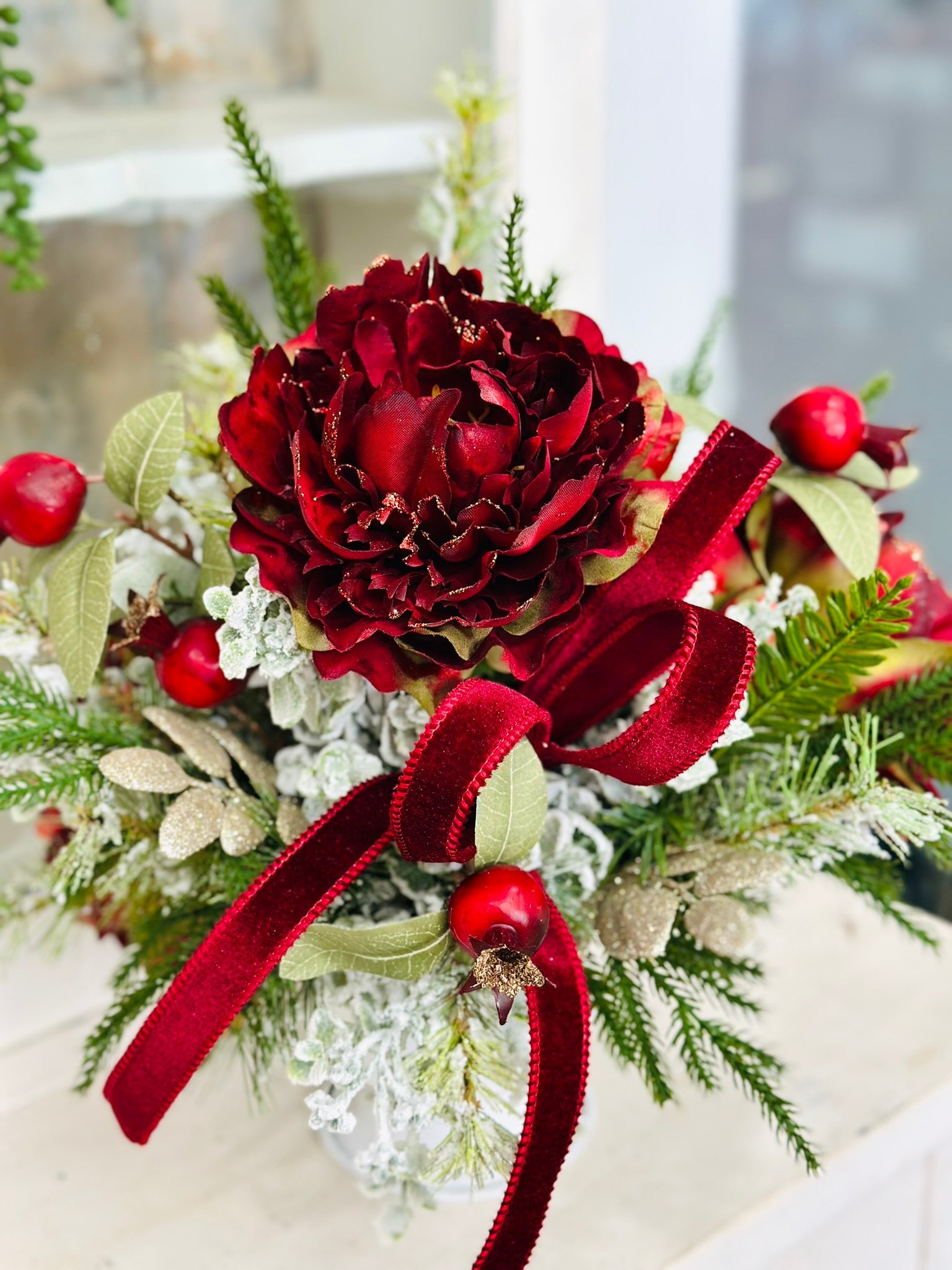 Burgundy Peony Christmas Arrangement | Velvet Ribbon Holiday Floral Centerpiece TCT Crafts