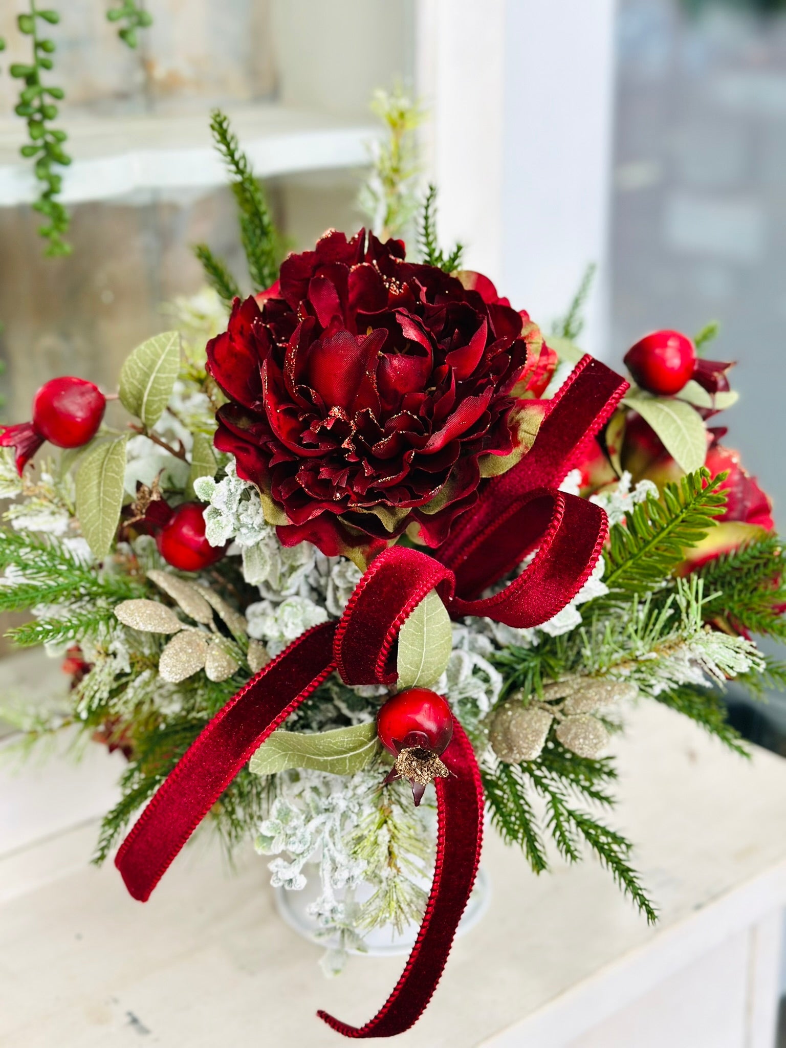 Burgundy Peony Christmas Arrangement | Velvet Ribbon Holiday Floral Centerpiece TCT Crafts