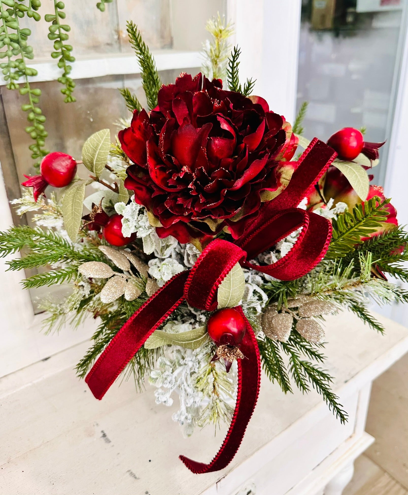 Burgundy Peony Christmas Arrangement | Velvet Ribbon Holiday Floral Centerpiece TCT Crafts