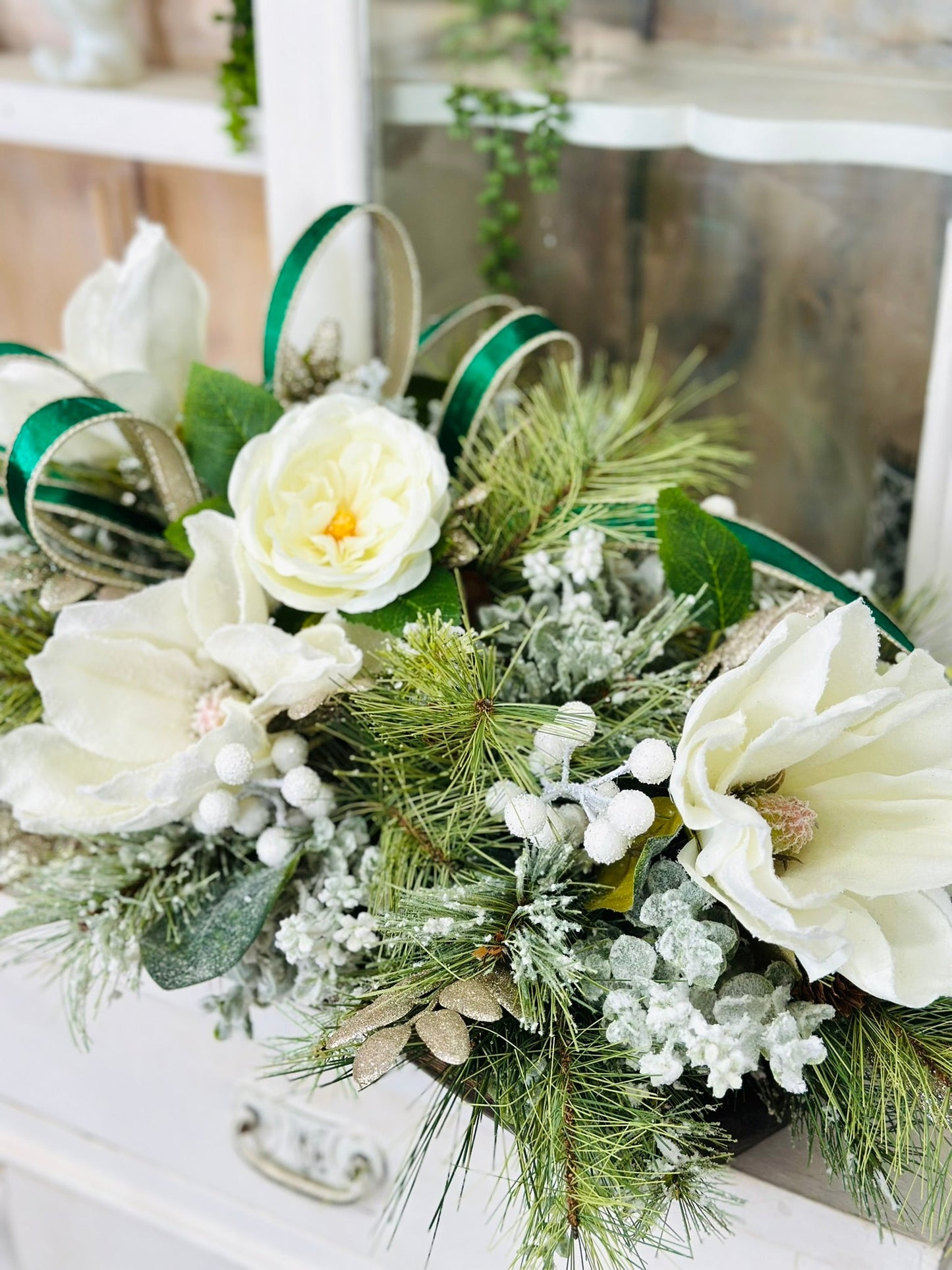 Emerald Green & White Christmas Centerpiece | Magnolia Holiday Arrangement TCT Crafts