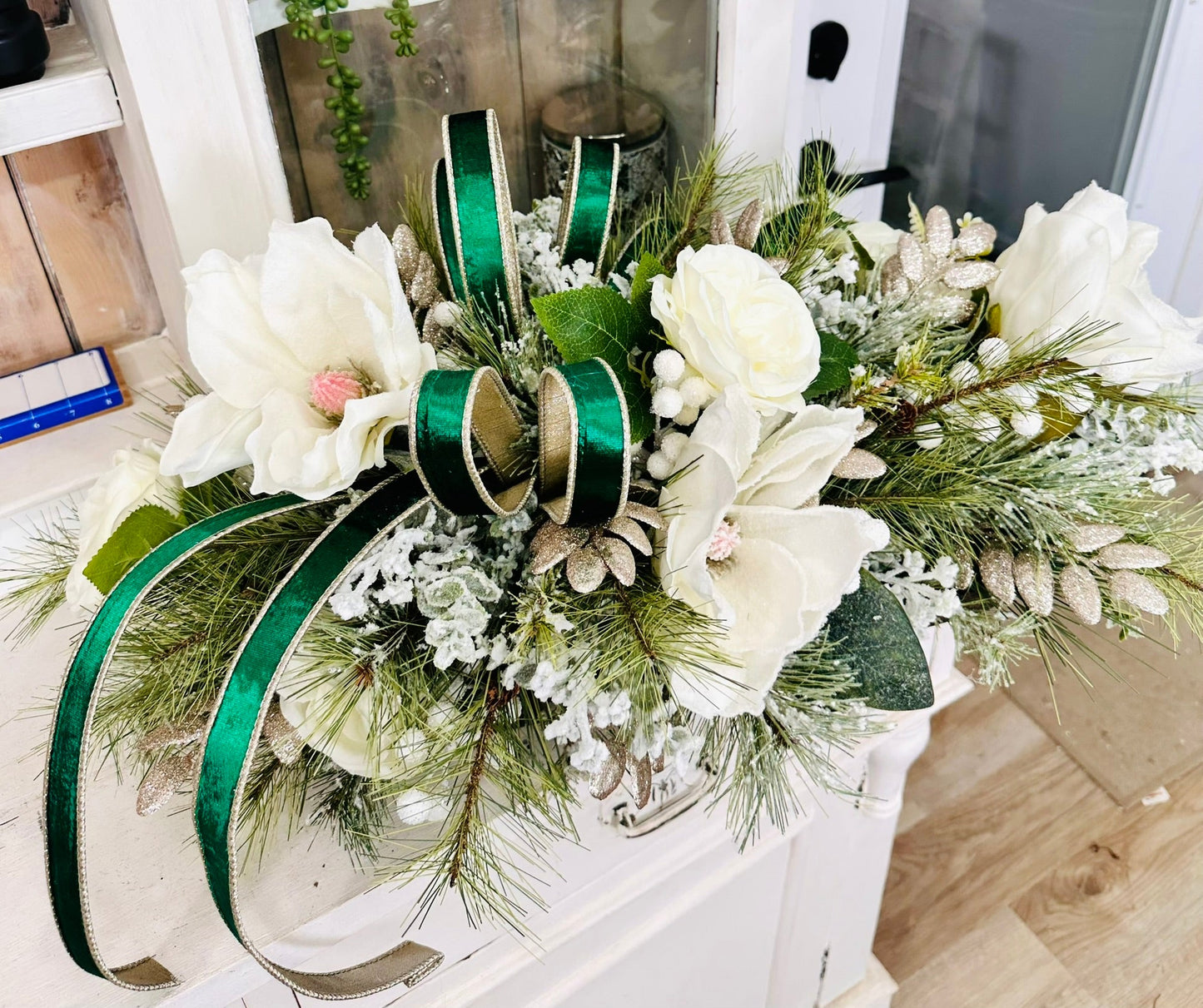 Emerald Green & White Christmas Centerpiece | Magnolia Holiday Arrangement TCT Crafts