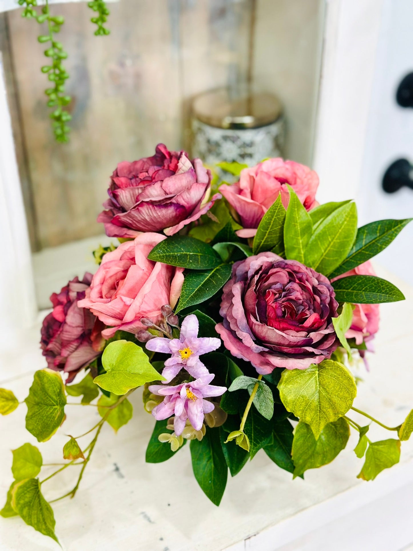 Mauve Rose Floral Arrangement | Small Silk Flower Centerpiece in Pewter Compote TCT Crafts