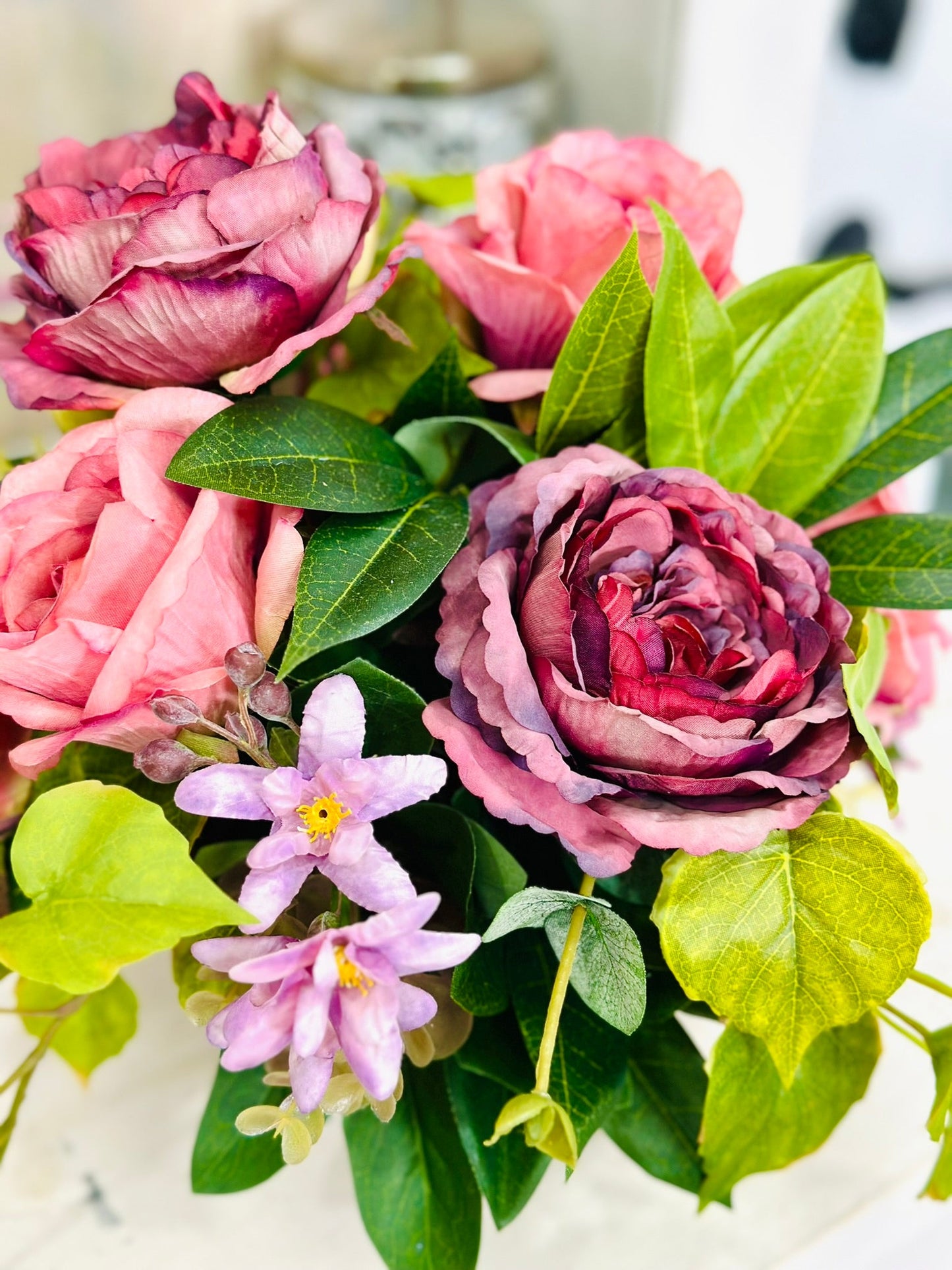 Mauve Rose Floral Arrangement | Small Silk Flower Centerpiece in Pewter Compote TCT Crafts