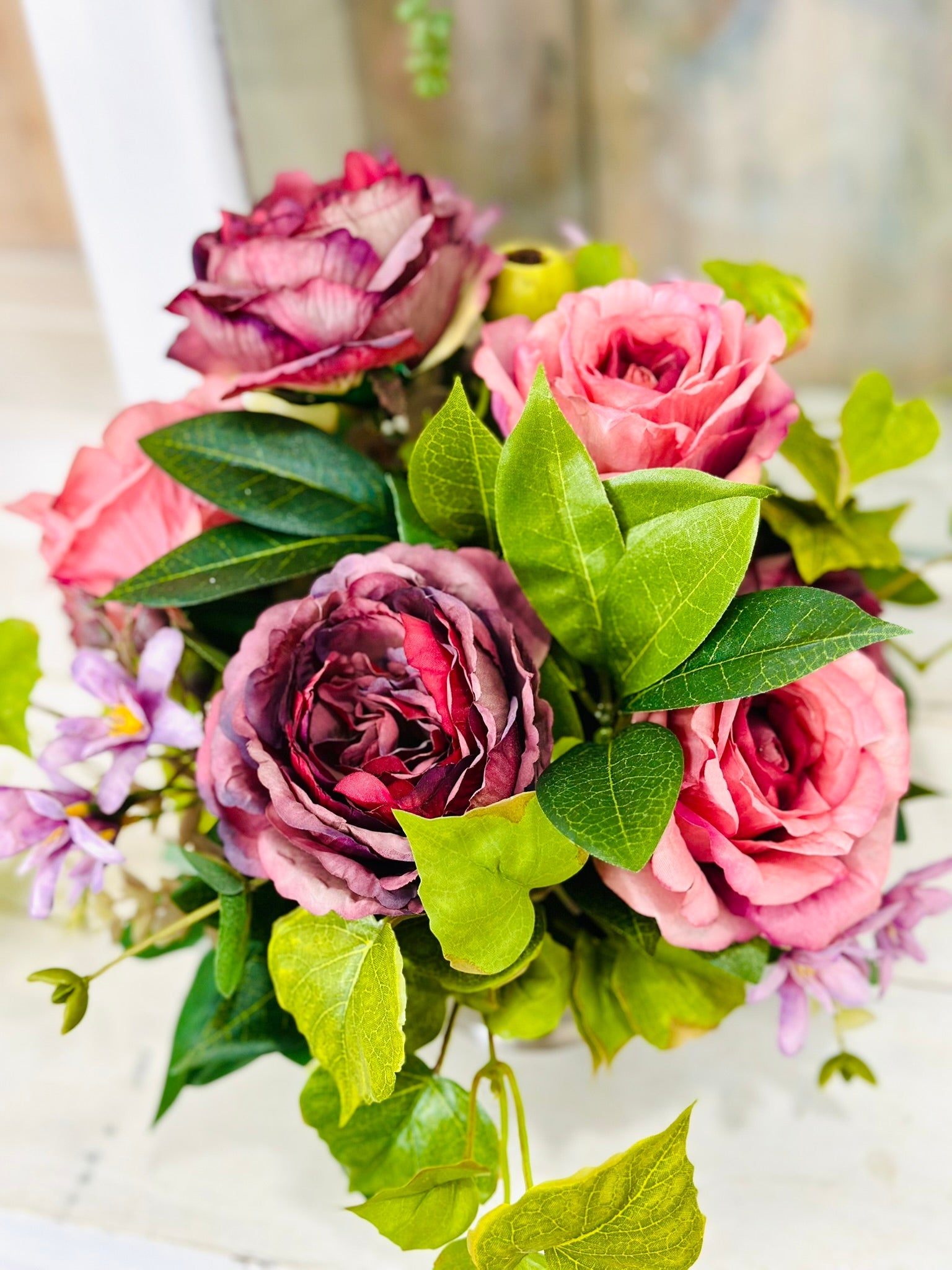 Mauve Rose Floral Arrangement | Small Silk Flower Centerpiece in Pewter Compote TCT Crafts