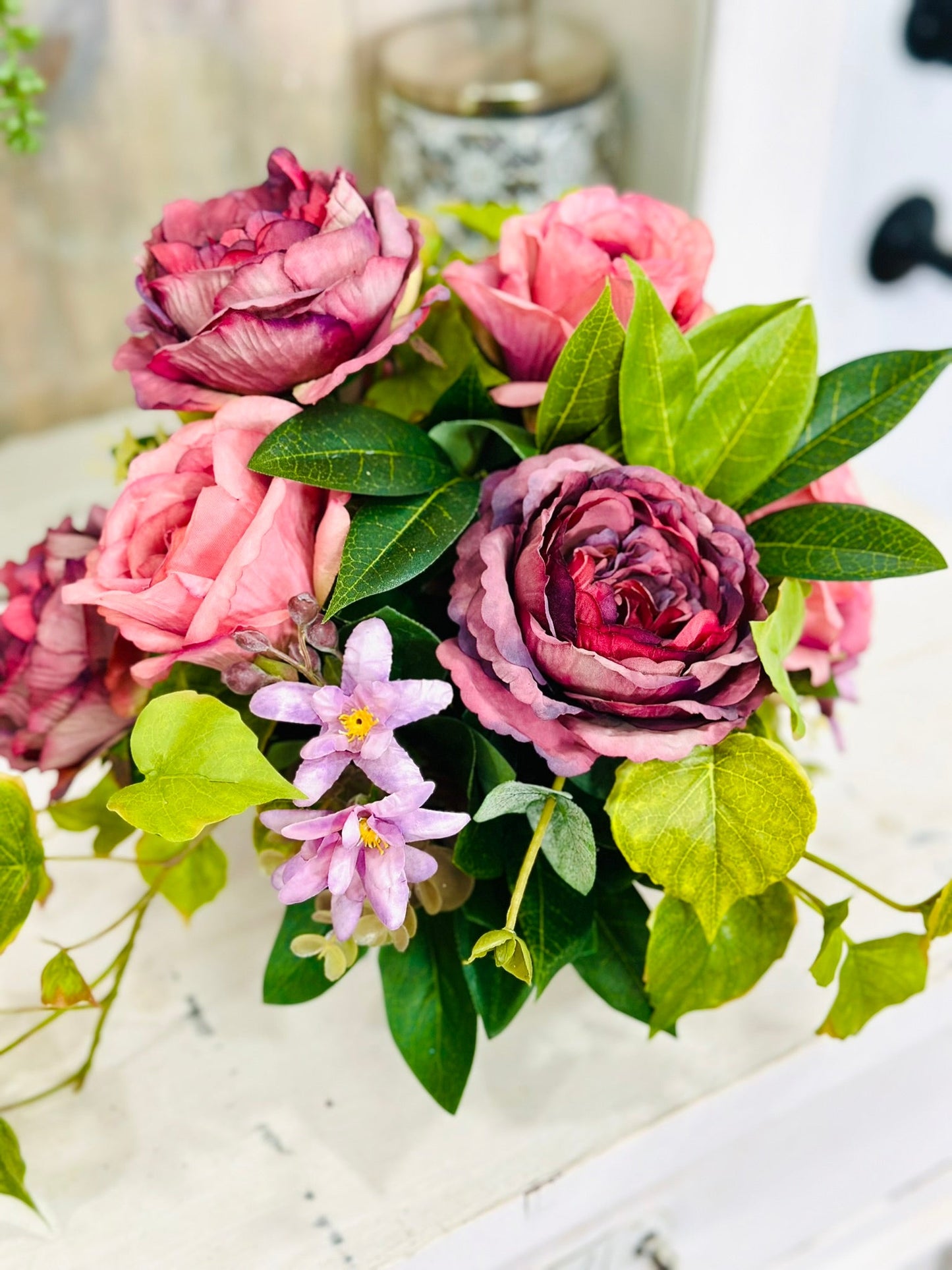 Mauve Rose Floral Arrangement | Small Silk Flower Centerpiece in Pewter Compote TCT Crafts