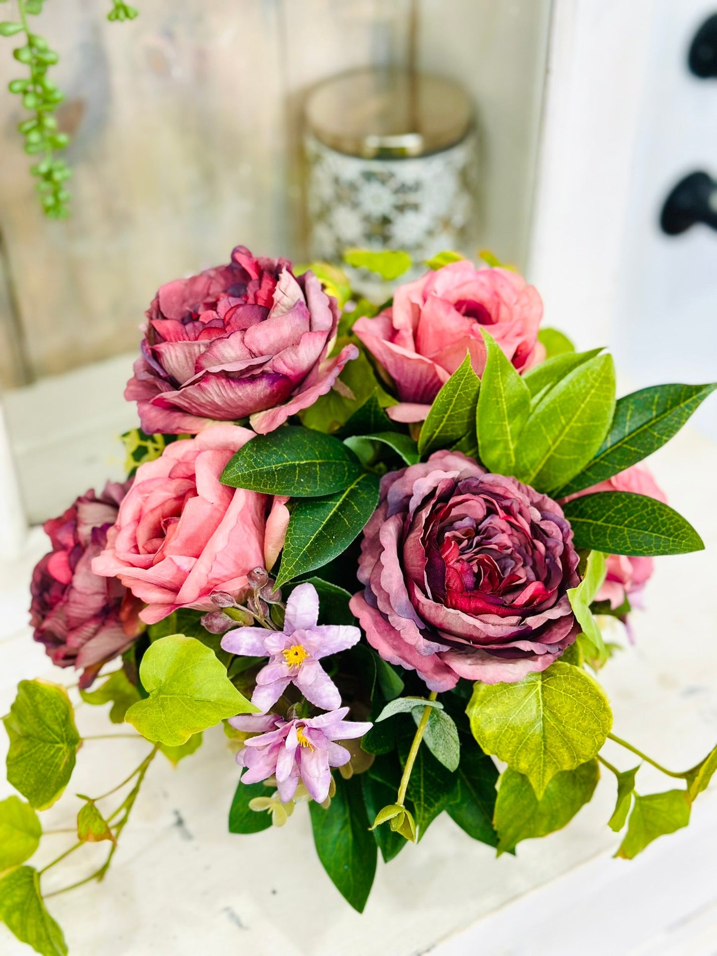 Mauve Rose Floral Arrangement | Small Silk Flower Centerpiece in Pewter Compote TCT Crafts