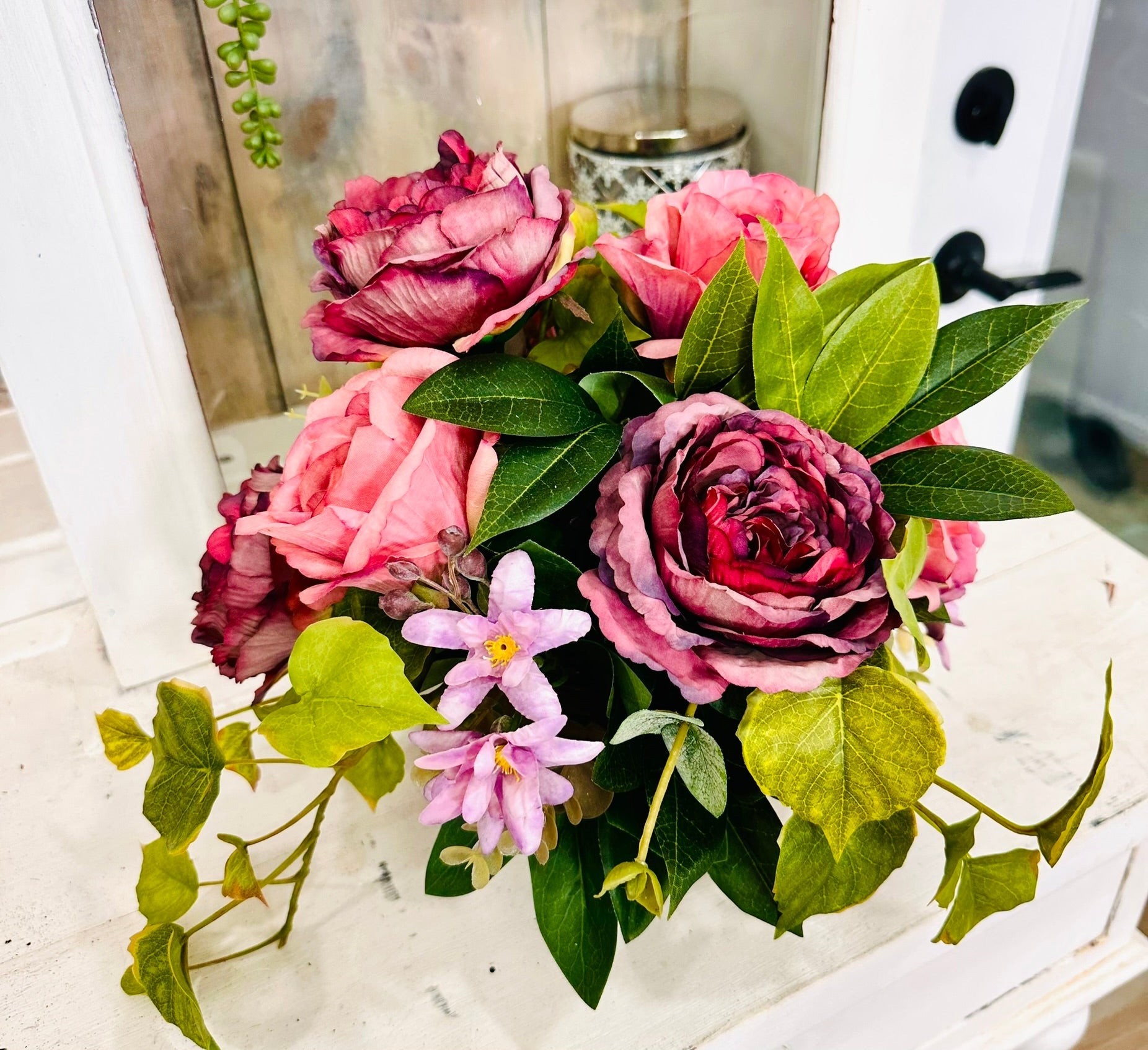 Mauve Rose Floral Arrangement | Small Silk Flower Centerpiece in Pewter Compote TCT Crafts