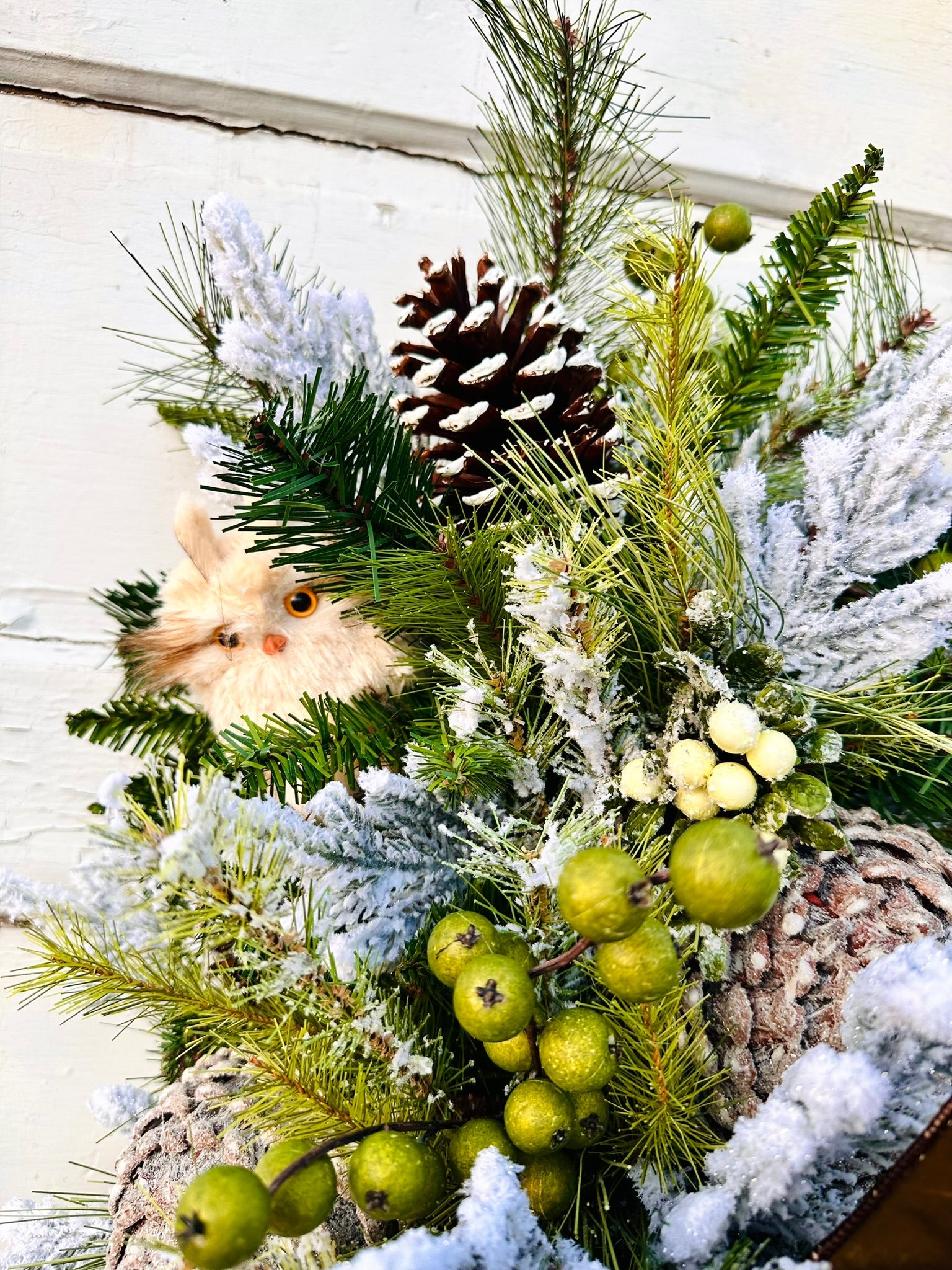 Rustic Owl Winter Swag | Woodland Christmas Door Decor | Pinecone Flocked Greenery TCT Crafts
