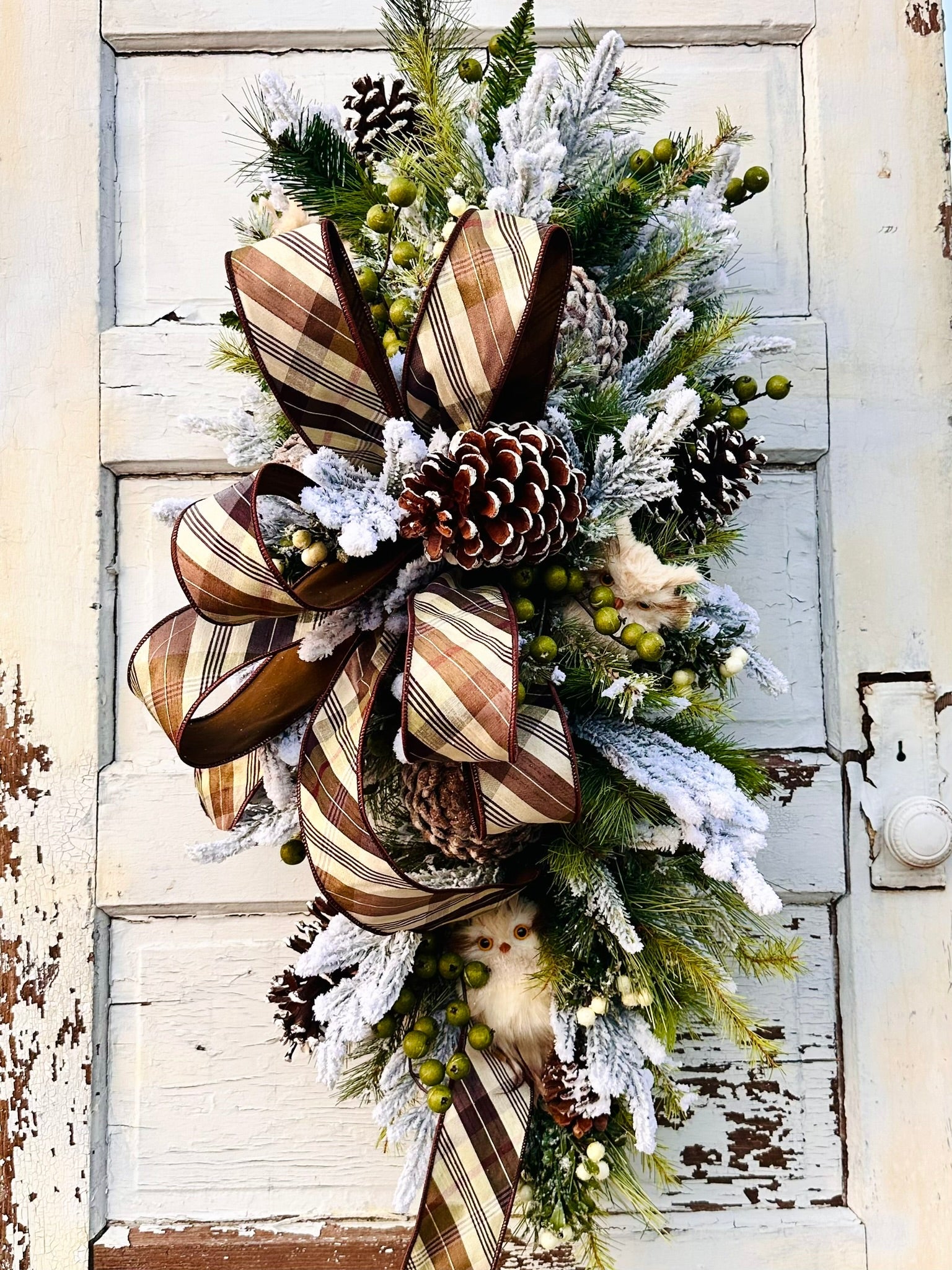 Rustic Owl Winter Swag | Woodland Christmas Door Decor | Pinecone Flocked Greenery TCT Crafts