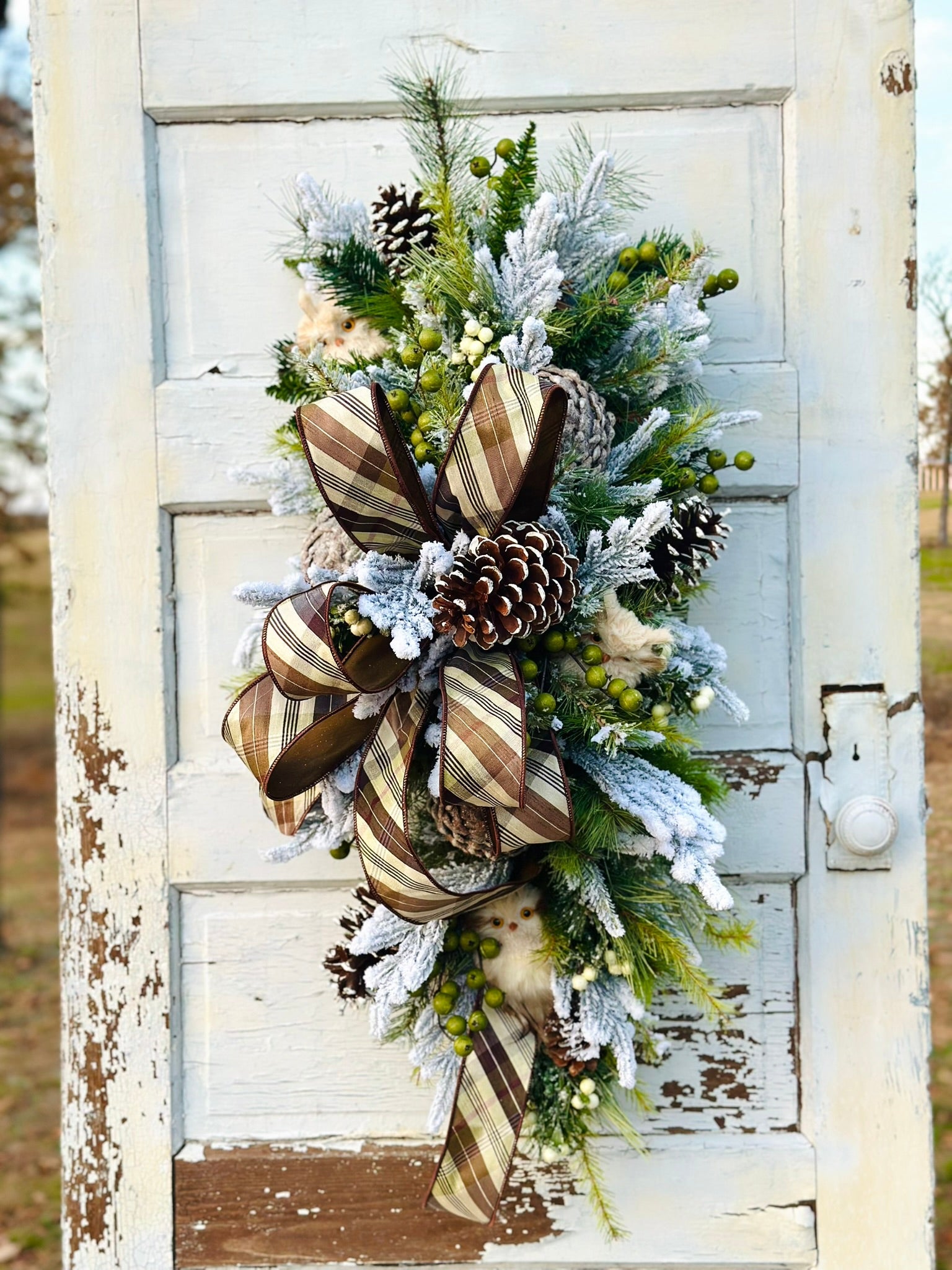 Rustic Owl Winter Swag | Woodland Christmas Door Decor | Pinecone Flocked Greenery TCT Crafts