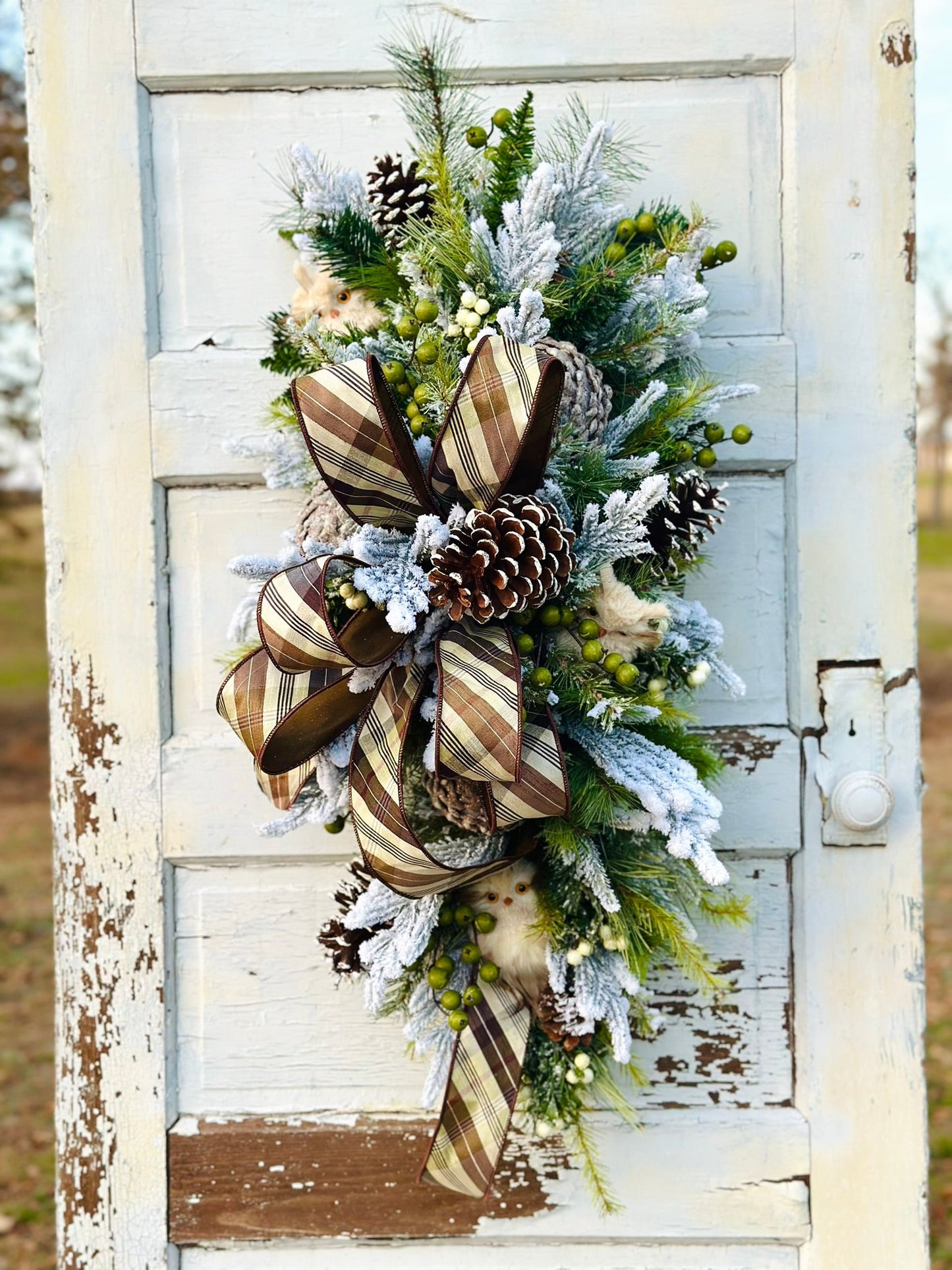 Rustic Owl Winter Swag | Woodland Christmas Door Decor | Pinecone Flocked Greenery TCT Crafts