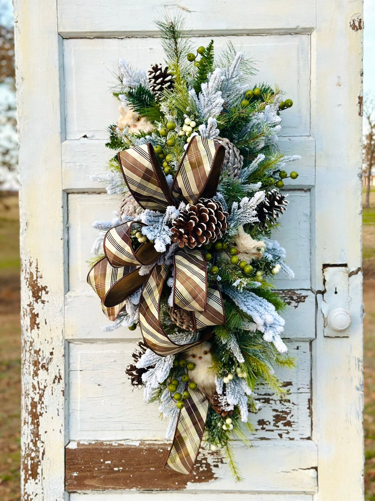 Rustic Owl Winter Swag | Woodland Christmas Door Decor | Pinecone Flocked Greenery TCT Crafts