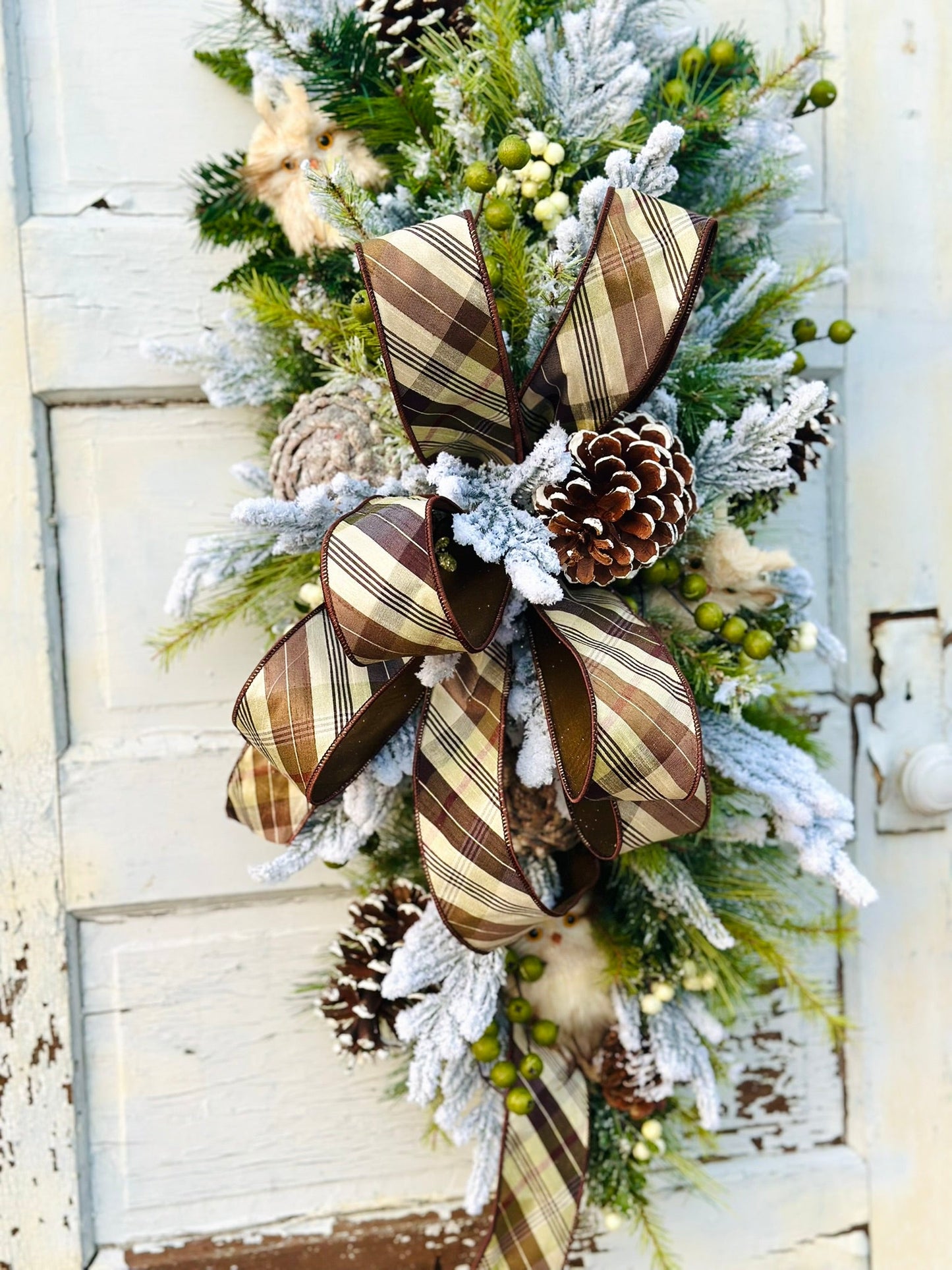 Rustic Owl Winter Swag | Woodland Christmas Door Decor | Pinecone Flocked Greenery TCT Crafts