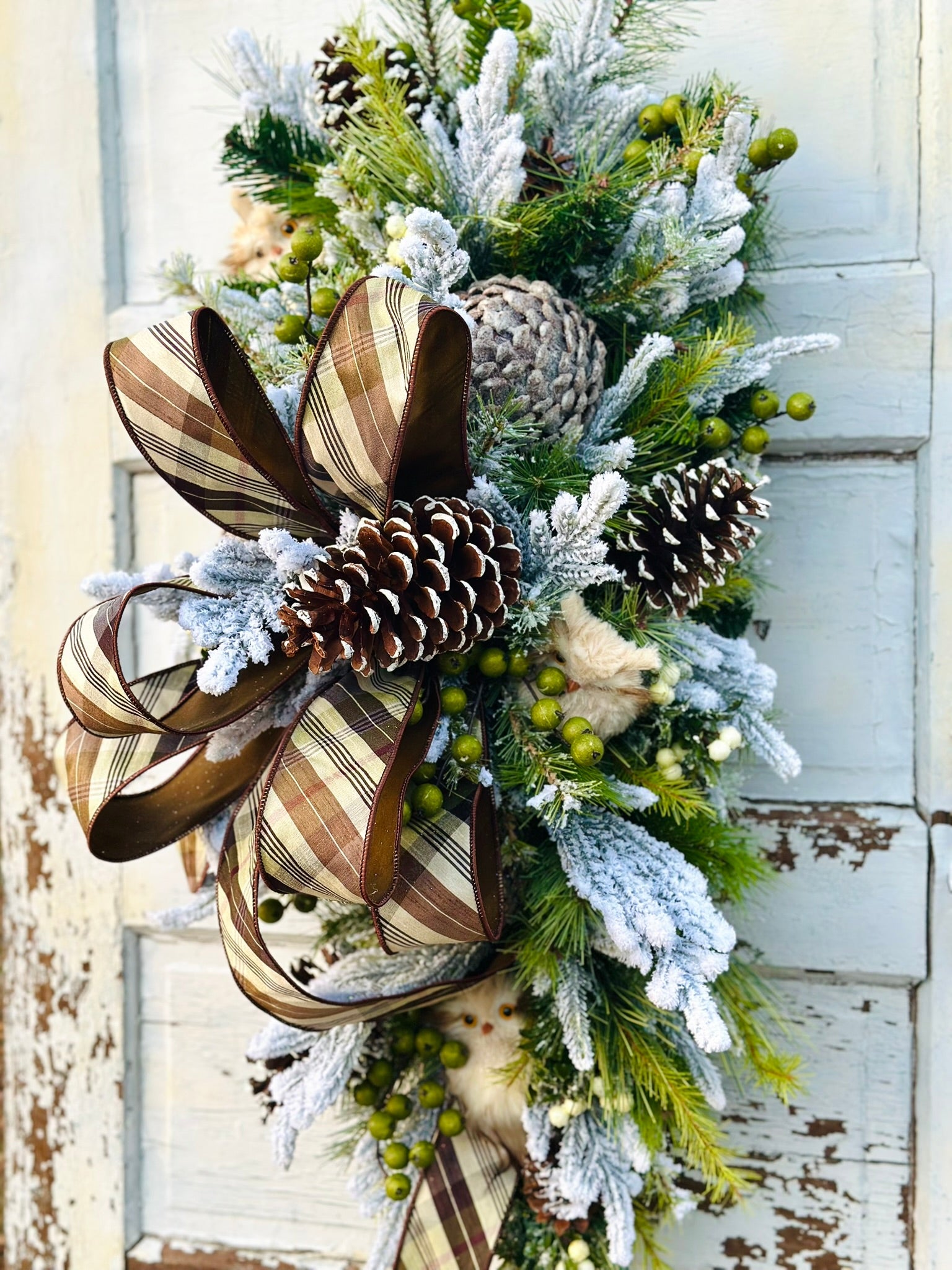 Rustic Owl Winter Swag | Woodland Christmas Door Decor | Pinecone Flocked Greenery TCT Crafts