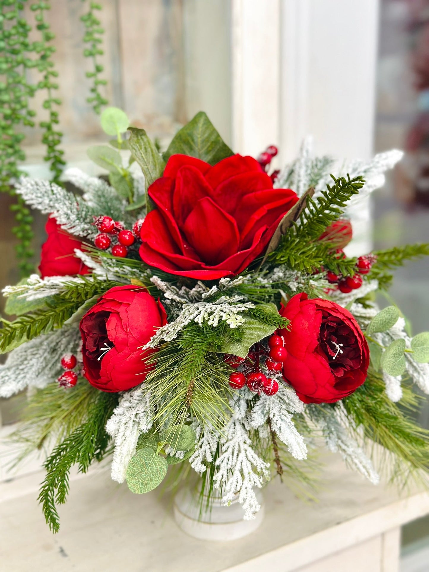 Red Magnolia & Peony Christmas Centerpiece on Candlestick | Holiday Floral Decor TCT Crafts