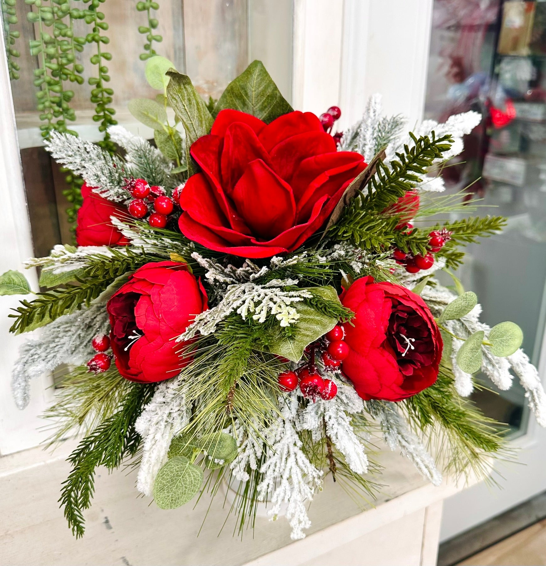 Red Magnolia & Peony Christmas Centerpiece on Candlestick | Holiday Floral Decor TCT Crafts