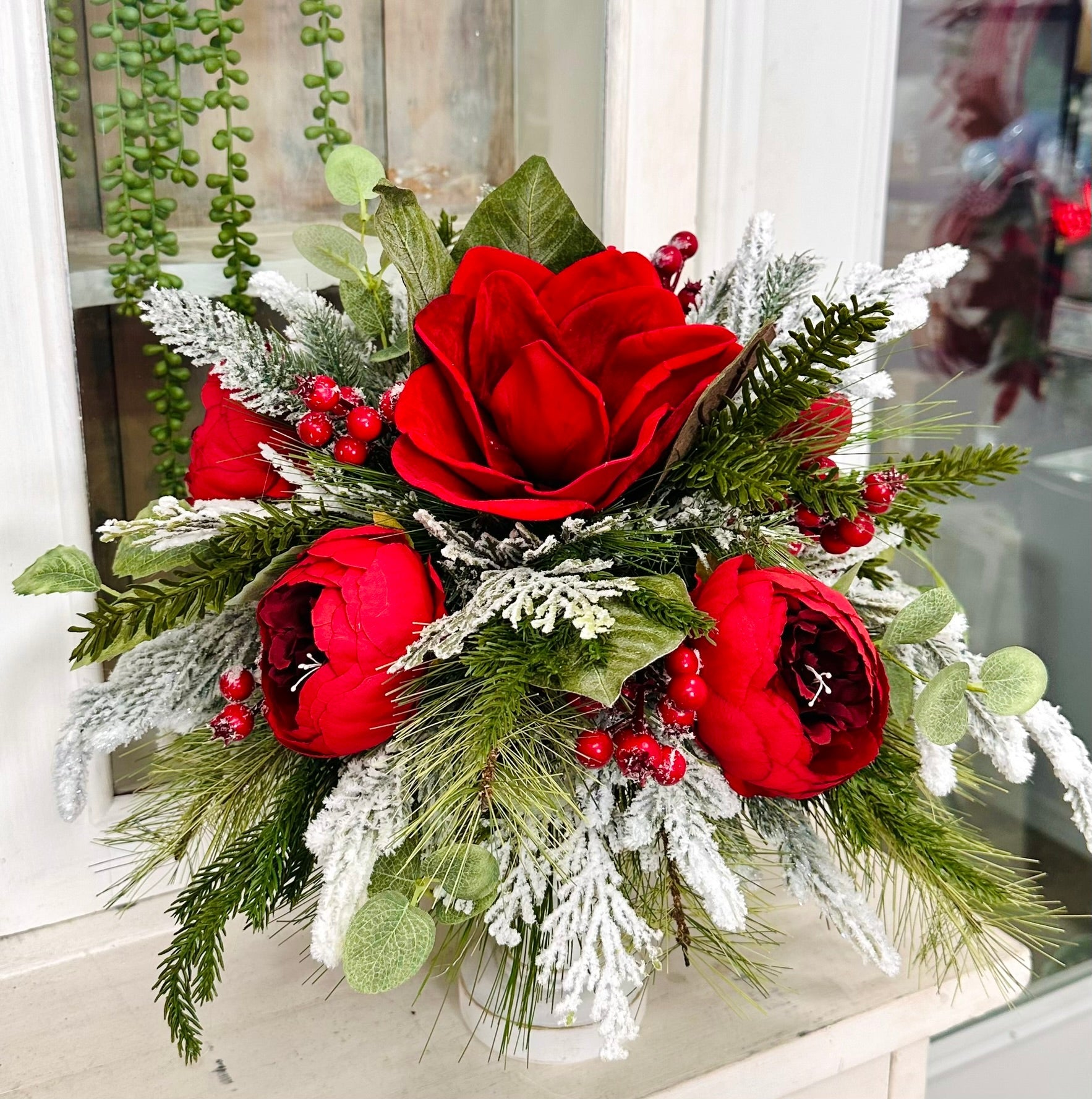 Red Magnolia & Peony Christmas Centerpiece on Candlestick | Holiday Floral Decor TCT Crafts