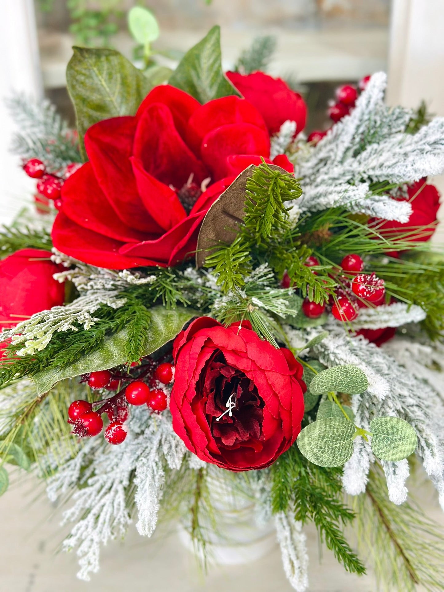Red Magnolia & Peony Christmas Centerpiece on Candlestick | Holiday Floral Decor TCT Crafts