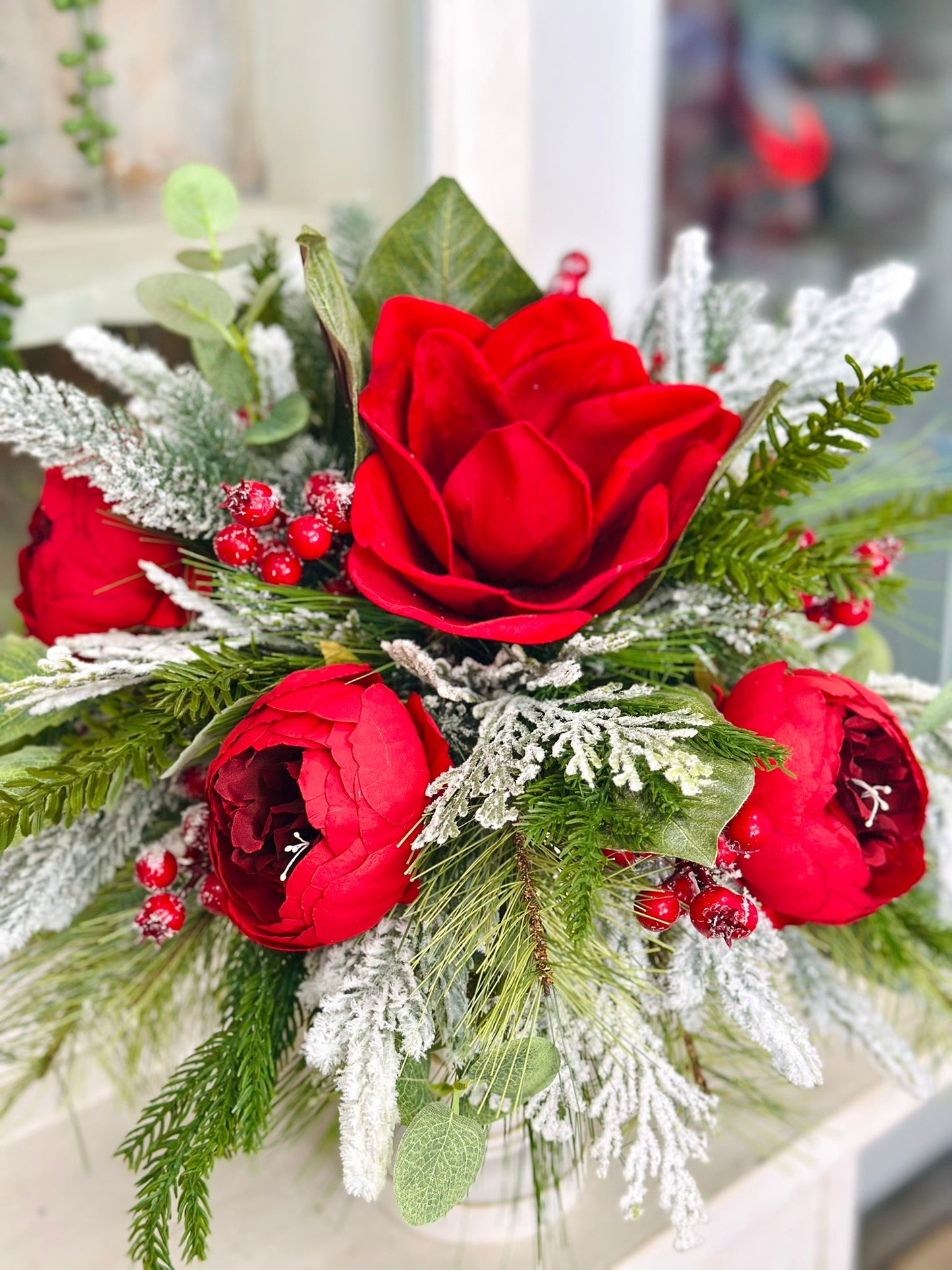 Red Magnolia & Peony Christmas Centerpiece on Candlestick | Holiday Floral Decor TCT Crafts