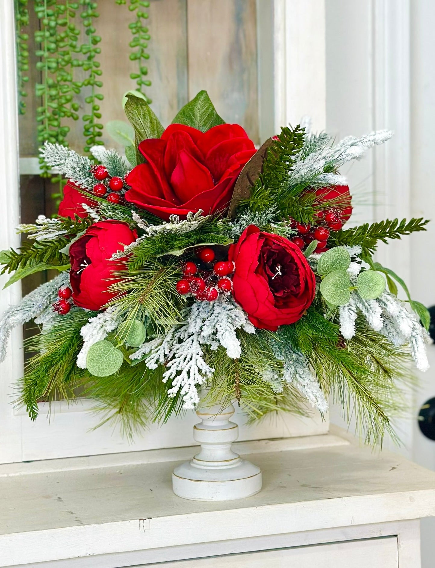 Red Magnolia & Peony Christmas Centerpiece on Candlestick | Holiday Floral Decor TCT Crafts