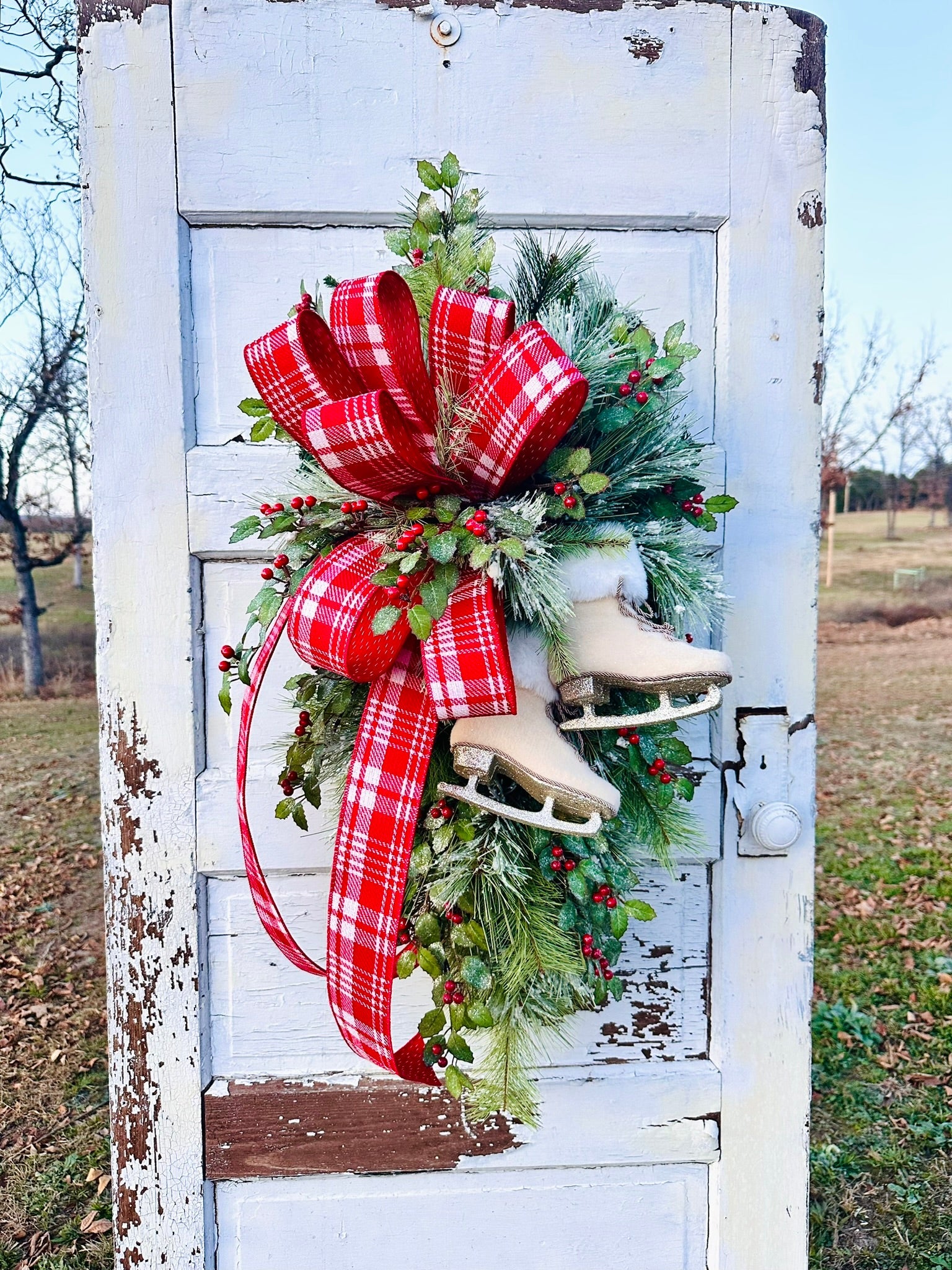 Ice Skate Christmas Swag with Red Plaid Bow | Large Holiday Door Decor TCT Crafts