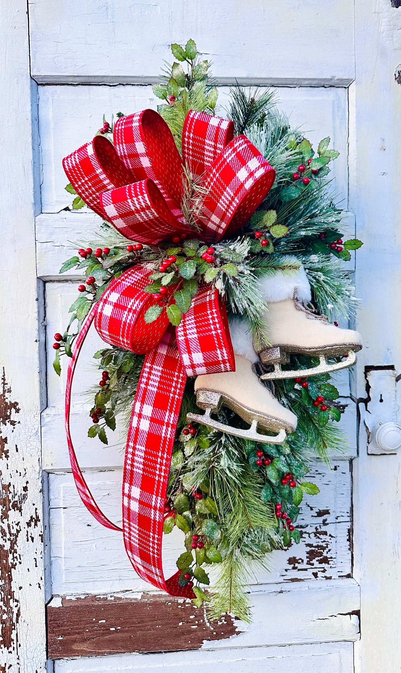 Ice Skate Christmas Swag with Red Plaid Bow | Large Holiday Door Decor TCT Crafts