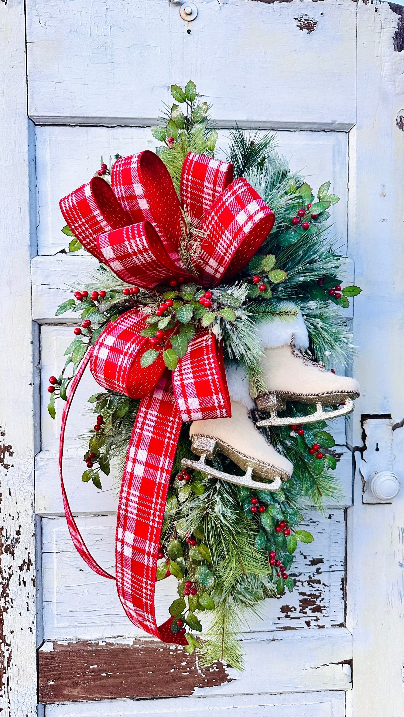 Ice Skate Christmas Swag with Red Plaid Bow | Large Holiday Door Decor TCT Crafts