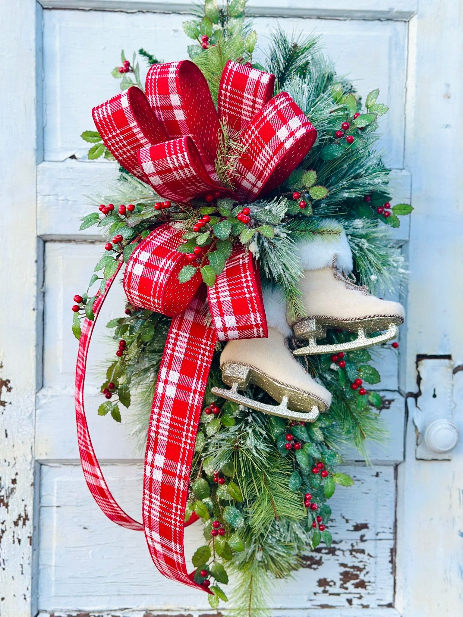 Ice Skate Christmas Swag with Red Plaid Bow | Large Holiday Door Decor TCT Crafts