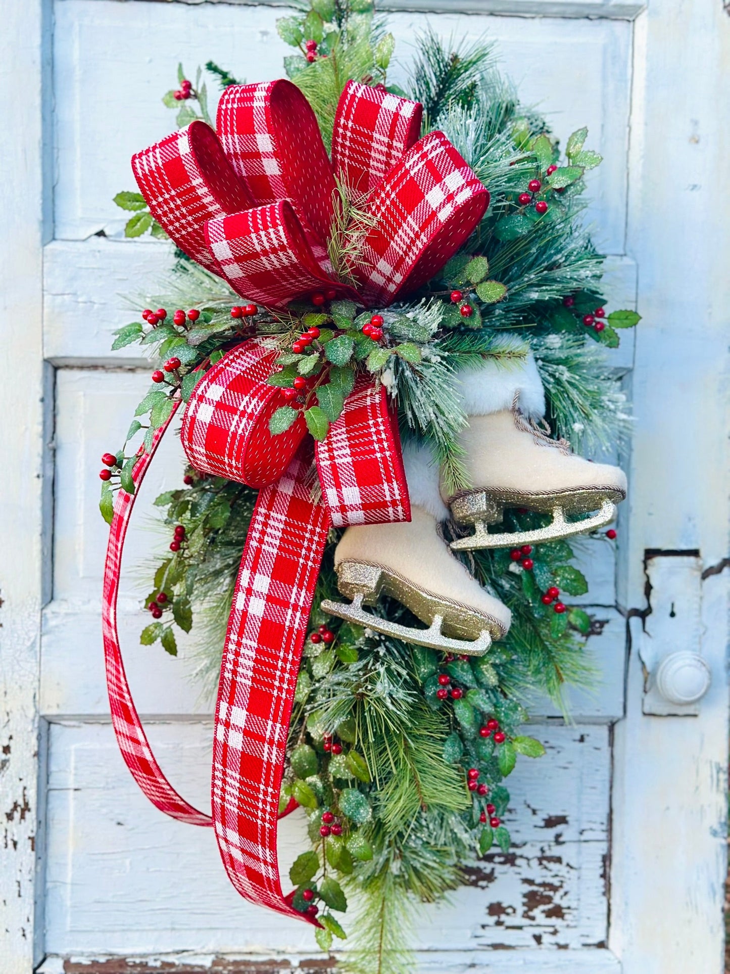 Ice Skate Christmas Swag with Red Plaid Bow | Large Holiday Door Decor TCT Crafts