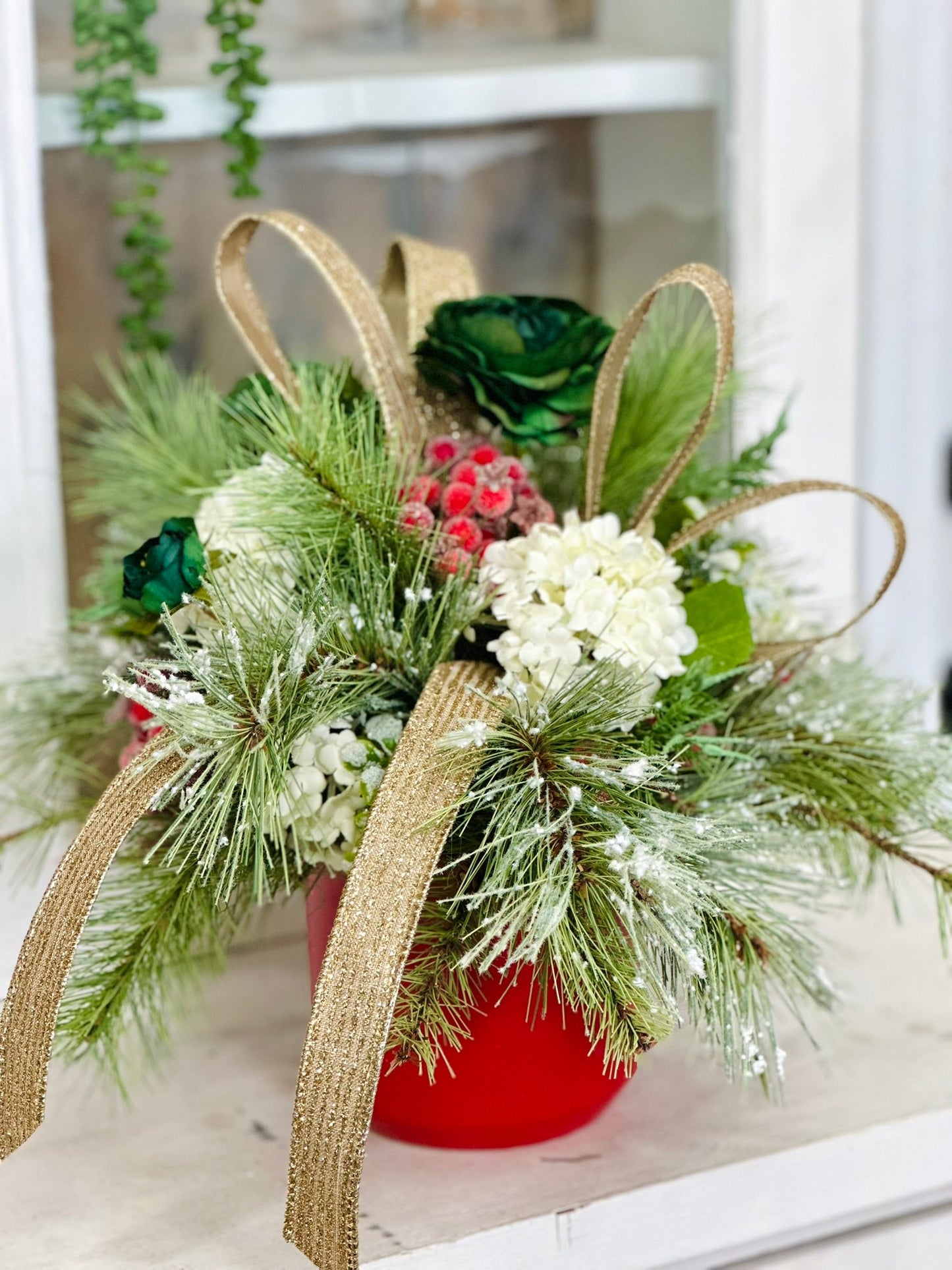 Small Christmas Centerpiece in Red Pot – Green & Gold Holiday Arrangement TCT Crafts