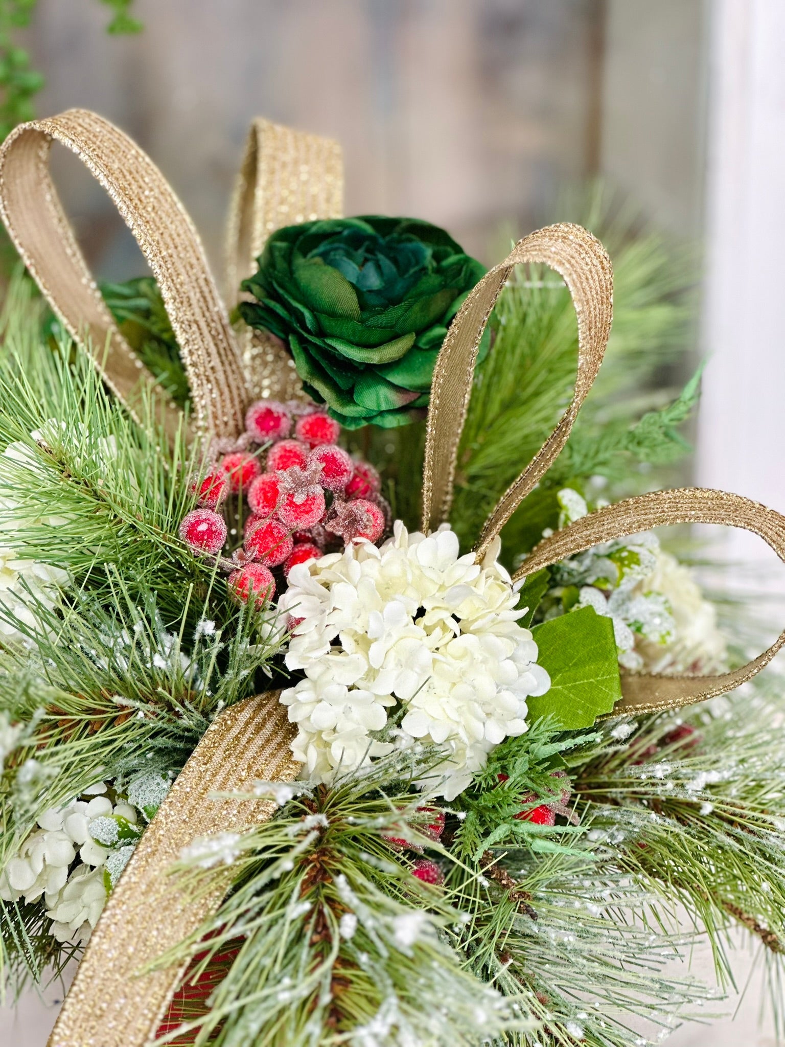 Small Christmas Centerpiece in Red Pot – Green & Gold Holiday Arrangement TCT Crafts