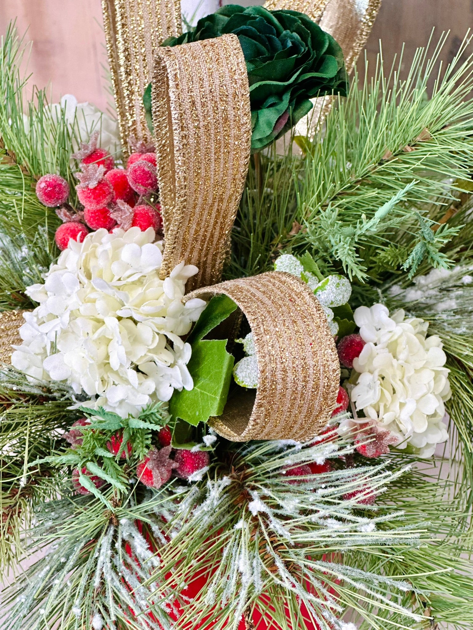 Small Christmas Centerpiece in Red Pot – Green & Gold Holiday Arrangement TCT Crafts