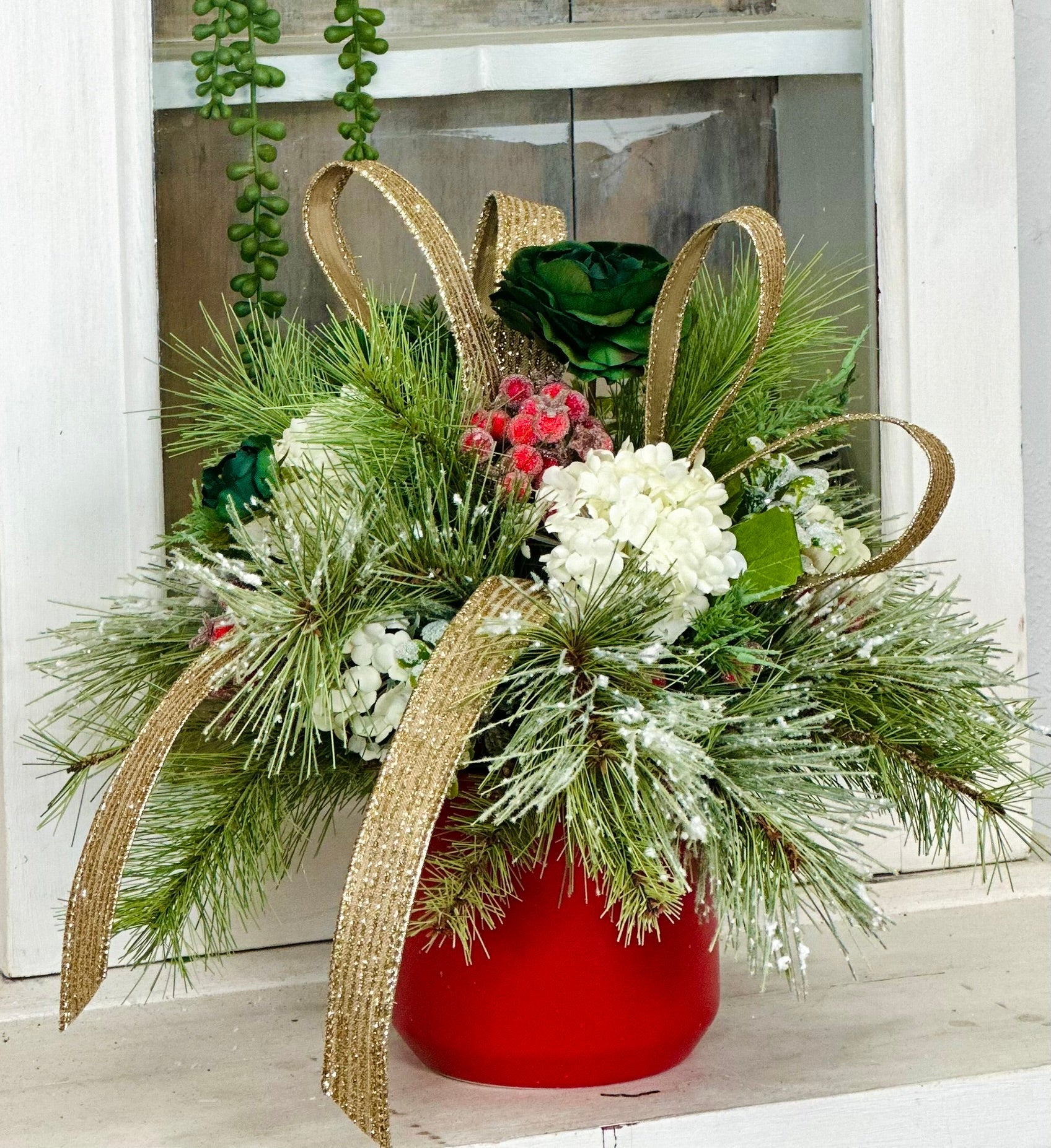 Small Christmas Centerpiece in Red Pot – Green & Gold Holiday Arrangement TCT Crafts