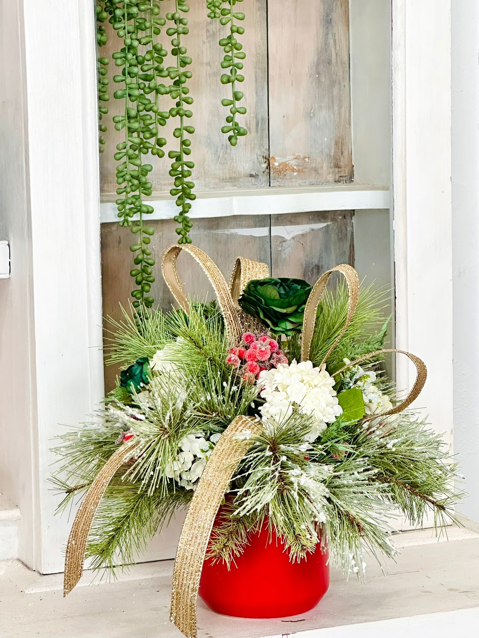 Small Christmas Centerpiece in Red Pot – Green & Gold Holiday Arrangement TCT Crafts