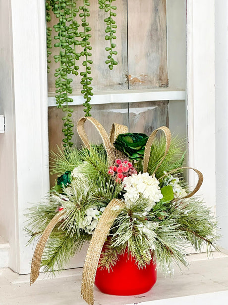 Small Christmas Centerpiece in Red Pot – Green & Gold Holiday Arrangement TCT Crafts