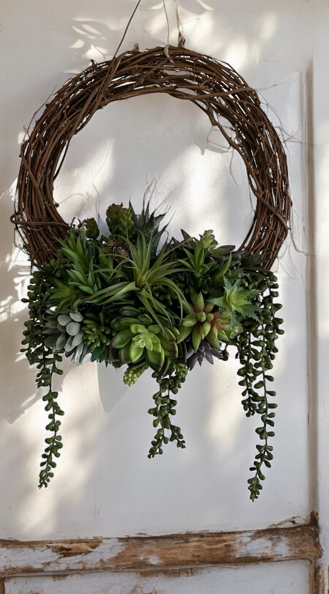 Faux Succulent Grapevine Wreath - 14x20 Earthy Home Decor, Lifelike Greenery, Handmade Plant Lover's Wreath, Small Gift for New Homeowner