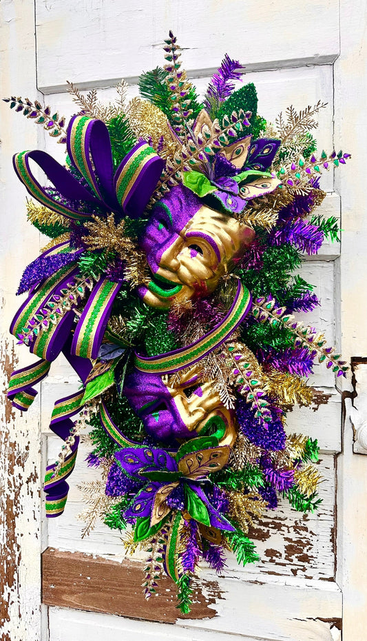 XL Mardi Gras Swag with Comedy and Tragedy Mask – Luxury Carnival Door Swag TCT Crafts