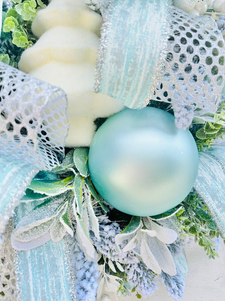 Winter Wonderland Christmas Wreath - Flocked Tree, Turquoise Ornaments, Elegant Holiday Door Decor TCT Crafts