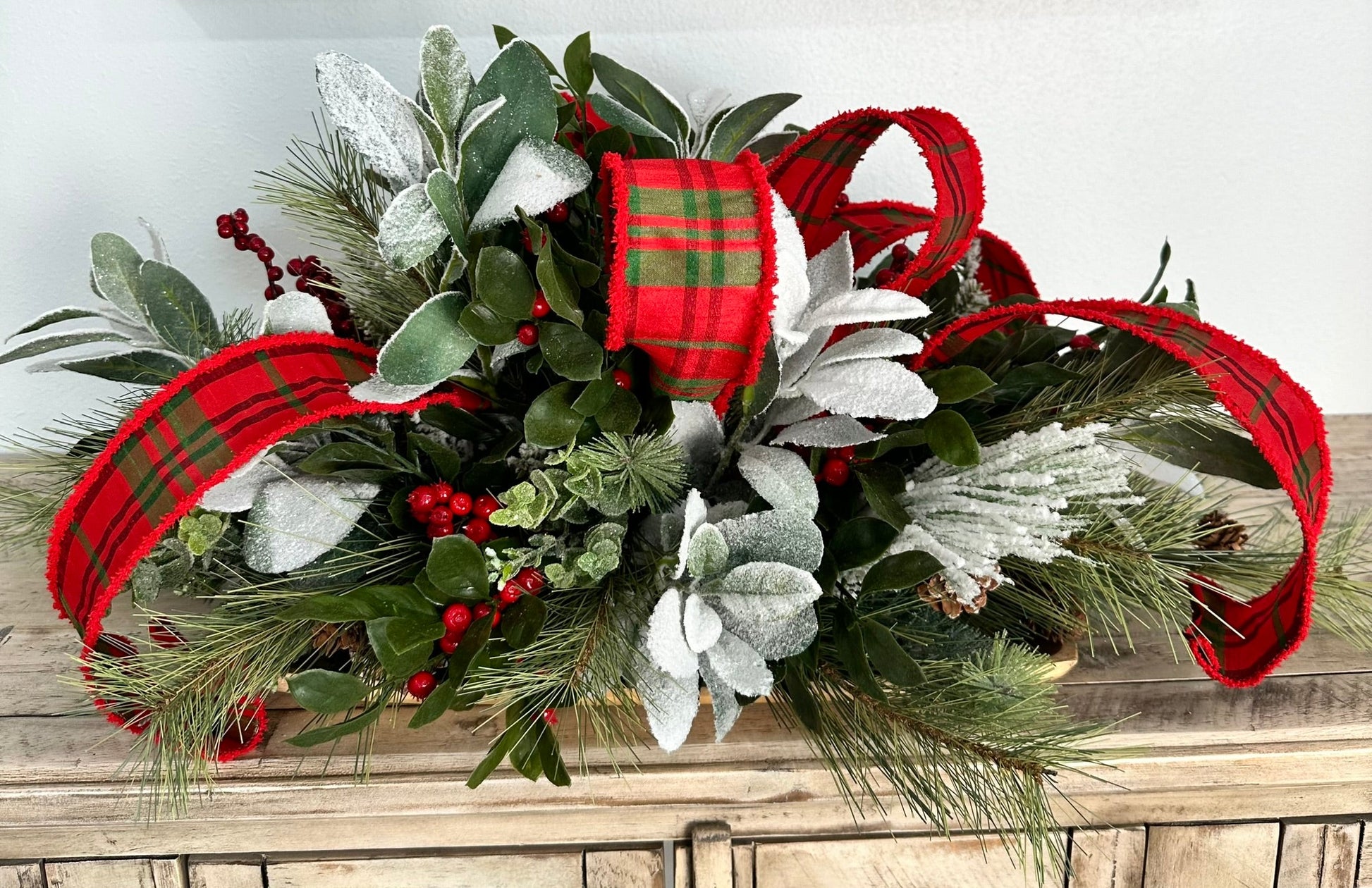 Festive Christmas Centerpiece with Snowy Lambs Ear, Pine Sprays, and Plaid Ribbon - Elegant Holiday Table Decoration TCT Crafts